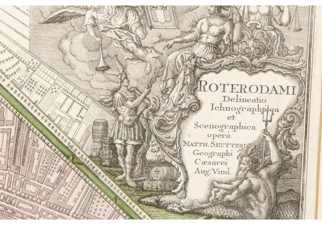 Renaissance Framed 1731 Color Engraving, Map of Rotterdam by Matthaus Seutter, 