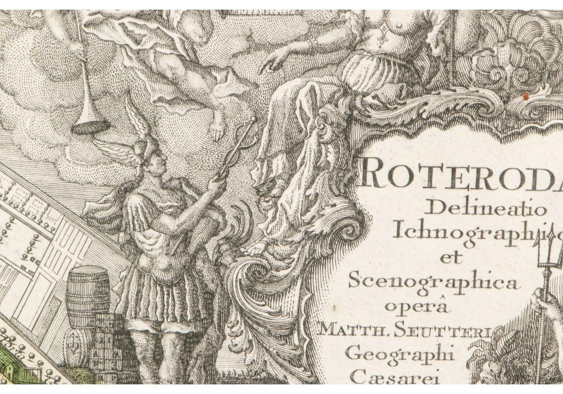 Framed 1731 Color Engraving, Map of Rotterdam by Matthaus Seutter, 