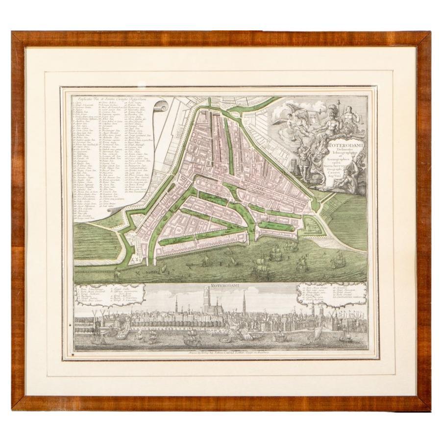 Framed 1731 Color Engraving, Map of Rotterdam by Matthaus Seutter, "Roterodami" For Sale