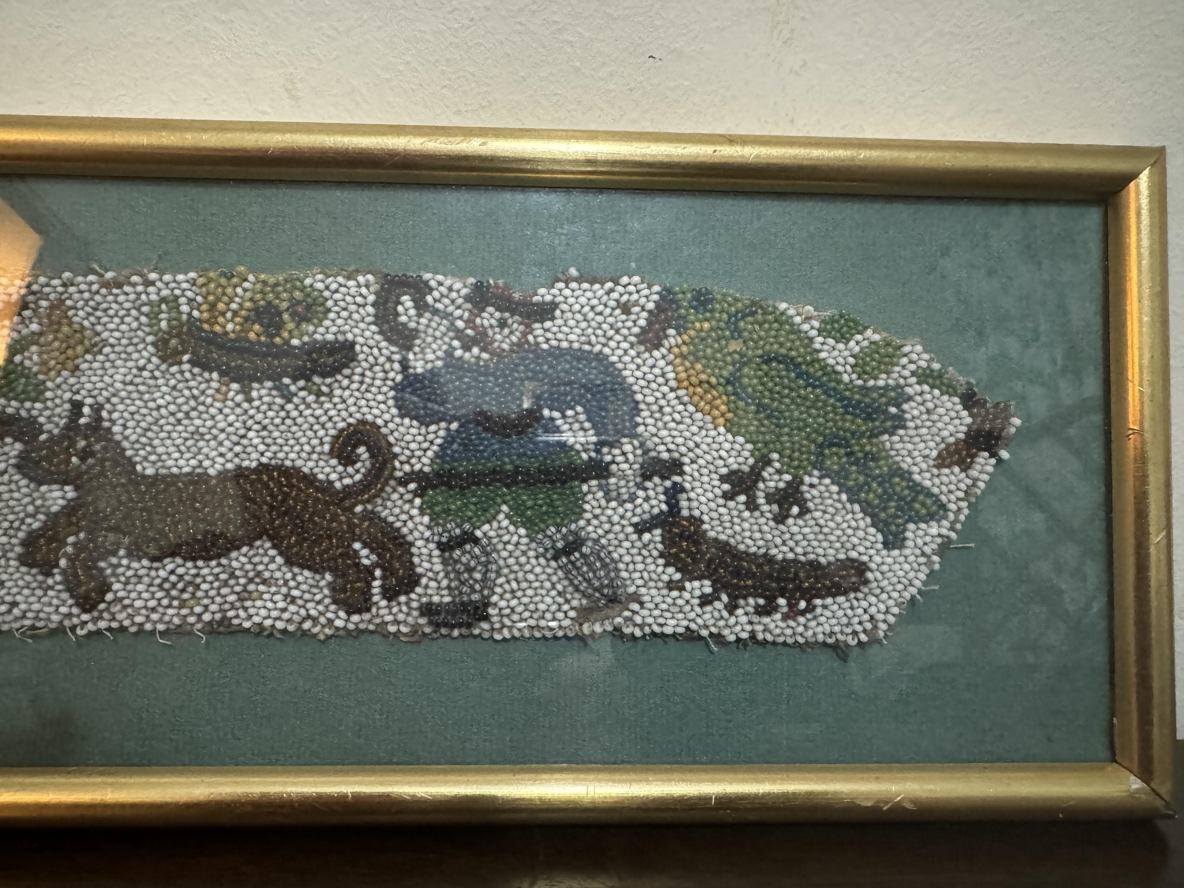 English Framed 17th Century Beadwork Fragment - 'Royal Hunting' scene For Sale