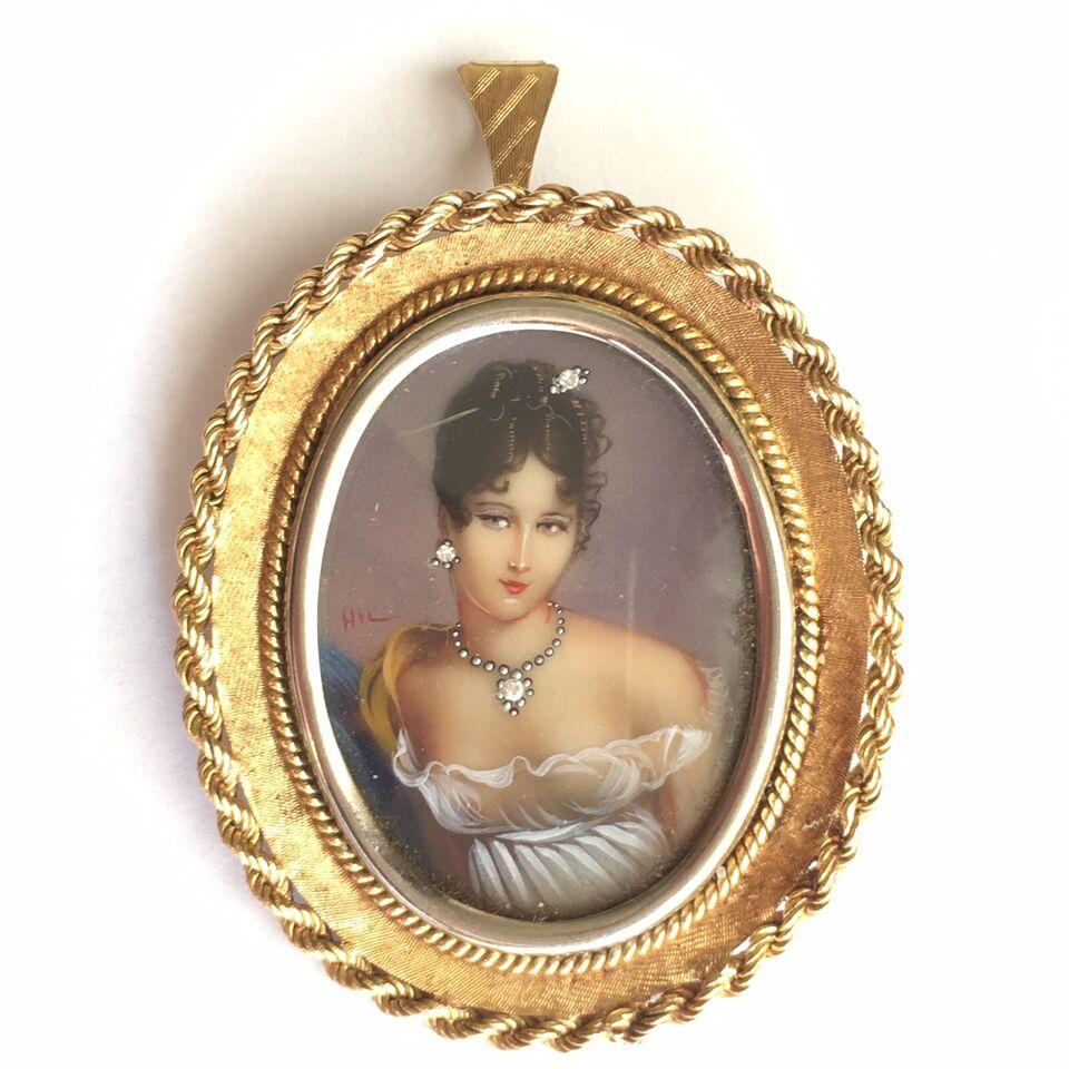 Framed 18 Karat gold Portrait of Lady in White Dress Wearing Jewelry Signed HIL For Sale 4
