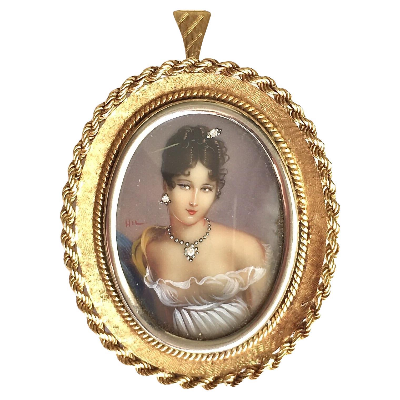 Framed 18 Karat gold Portrait of Lady in White Dress Wearing Jewelry Signed HIL For Sale