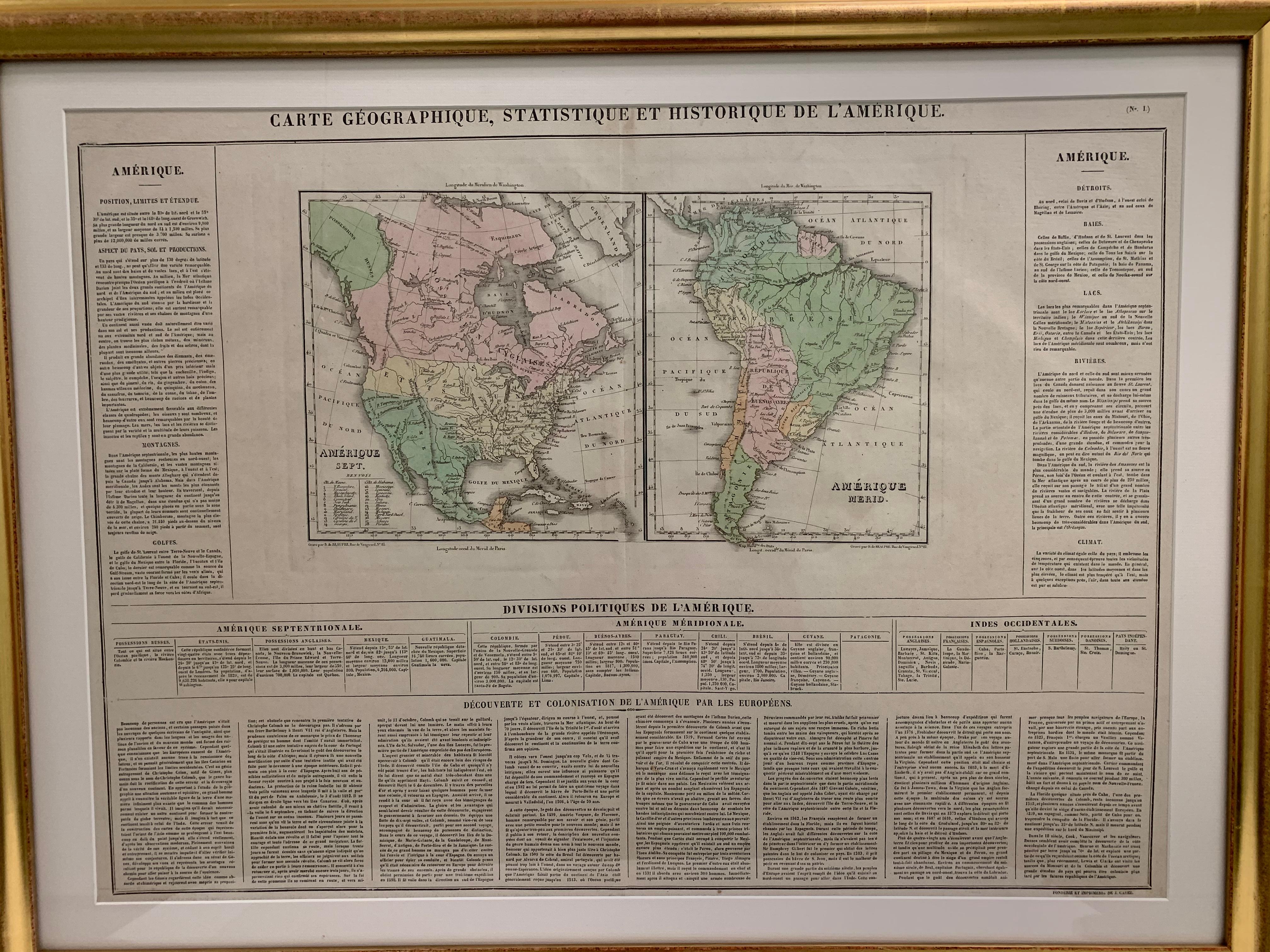 Photos encadrées de cartes de l'Amérique du Nord et de l'Amérique du Sud datant des années 1820, colorées à la main. Tel que trouvé, encadré dans un cadre en bois doré.
