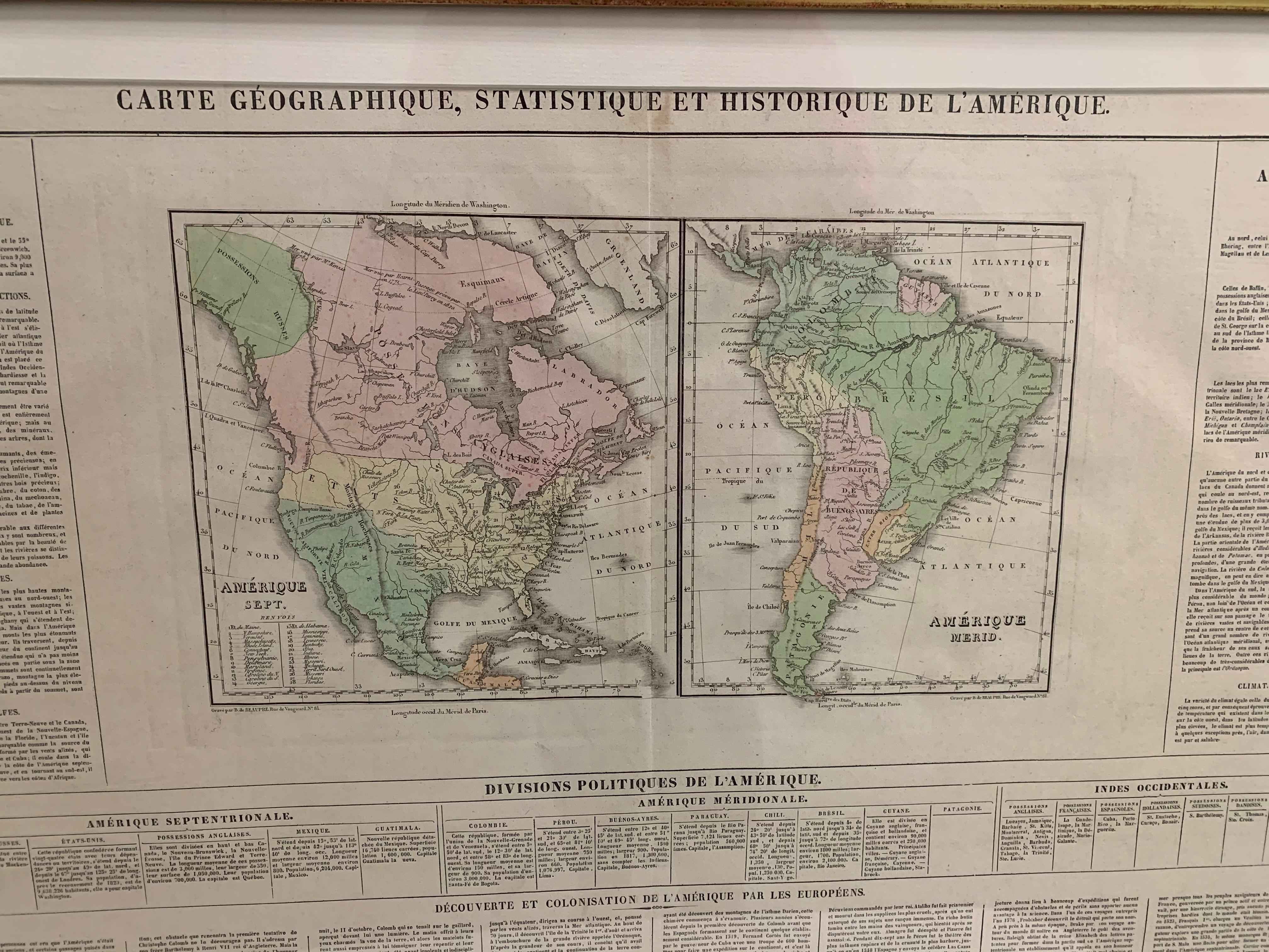 Colonial espagnol Carte des États-Unis des années 1820 encadrée et colorée à la main en vente