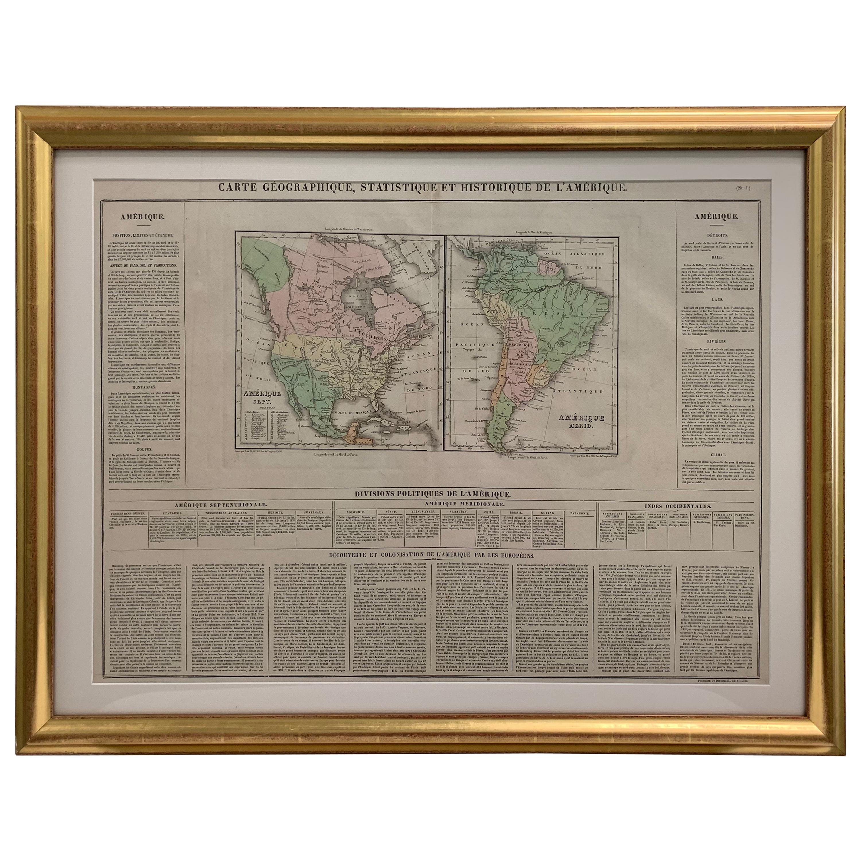 Carte des États-Unis des années 1820 encadrée et colorée à la main en vente