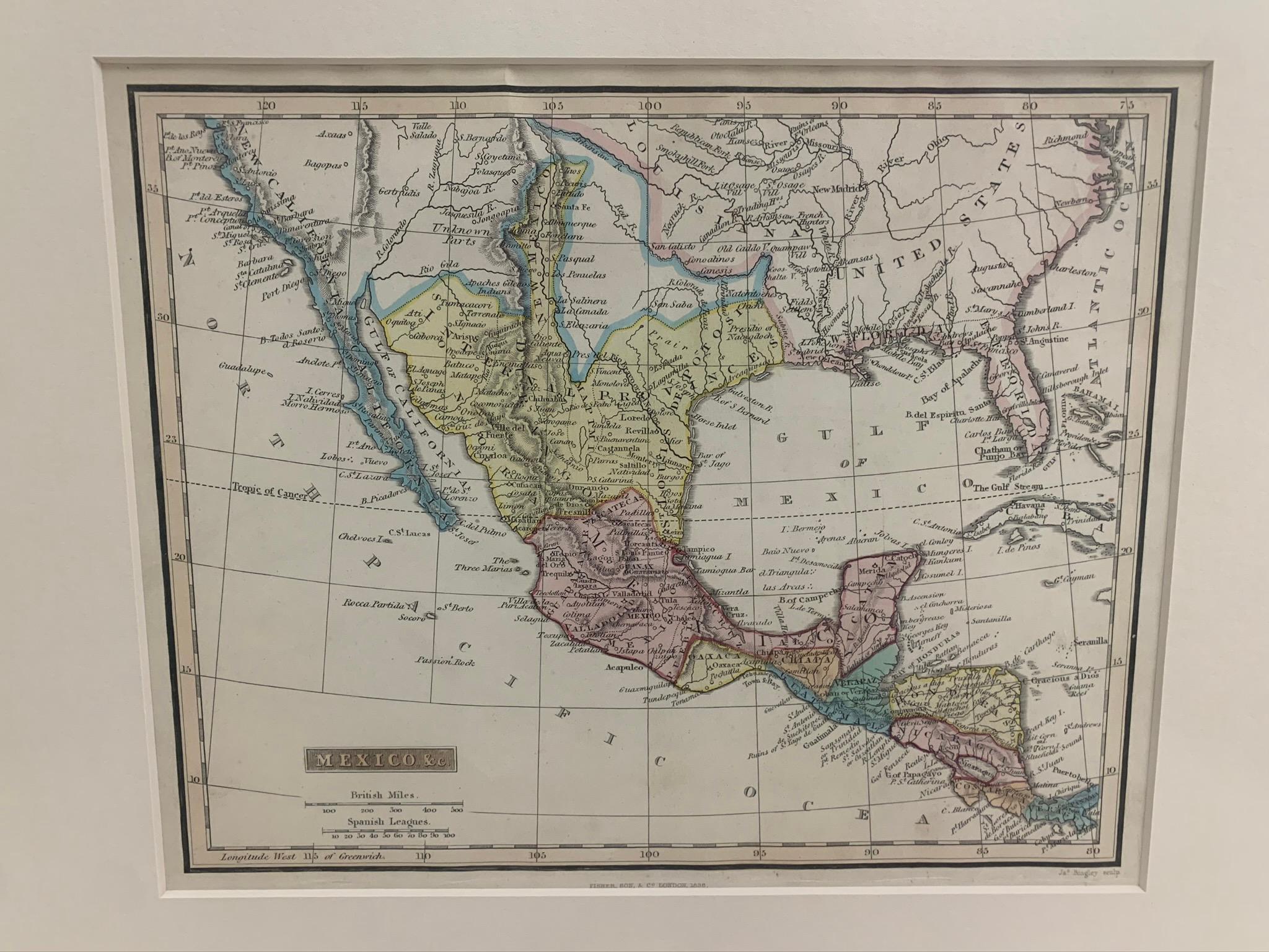 Carte encadrée de 1838 du Mexique et du golfe du Mexique. Imprimé par Fisher, Son & Co. de Londres en 1838. État de l'encadrement tel qu'il a été trouvé. La carte n'a pas été examinée en dehors du cadre. 