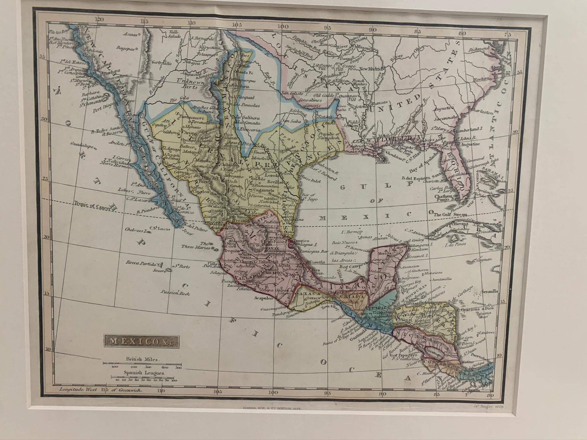 Glass Framed 1838 Mexico & Gulf of Mexico Map For Sale