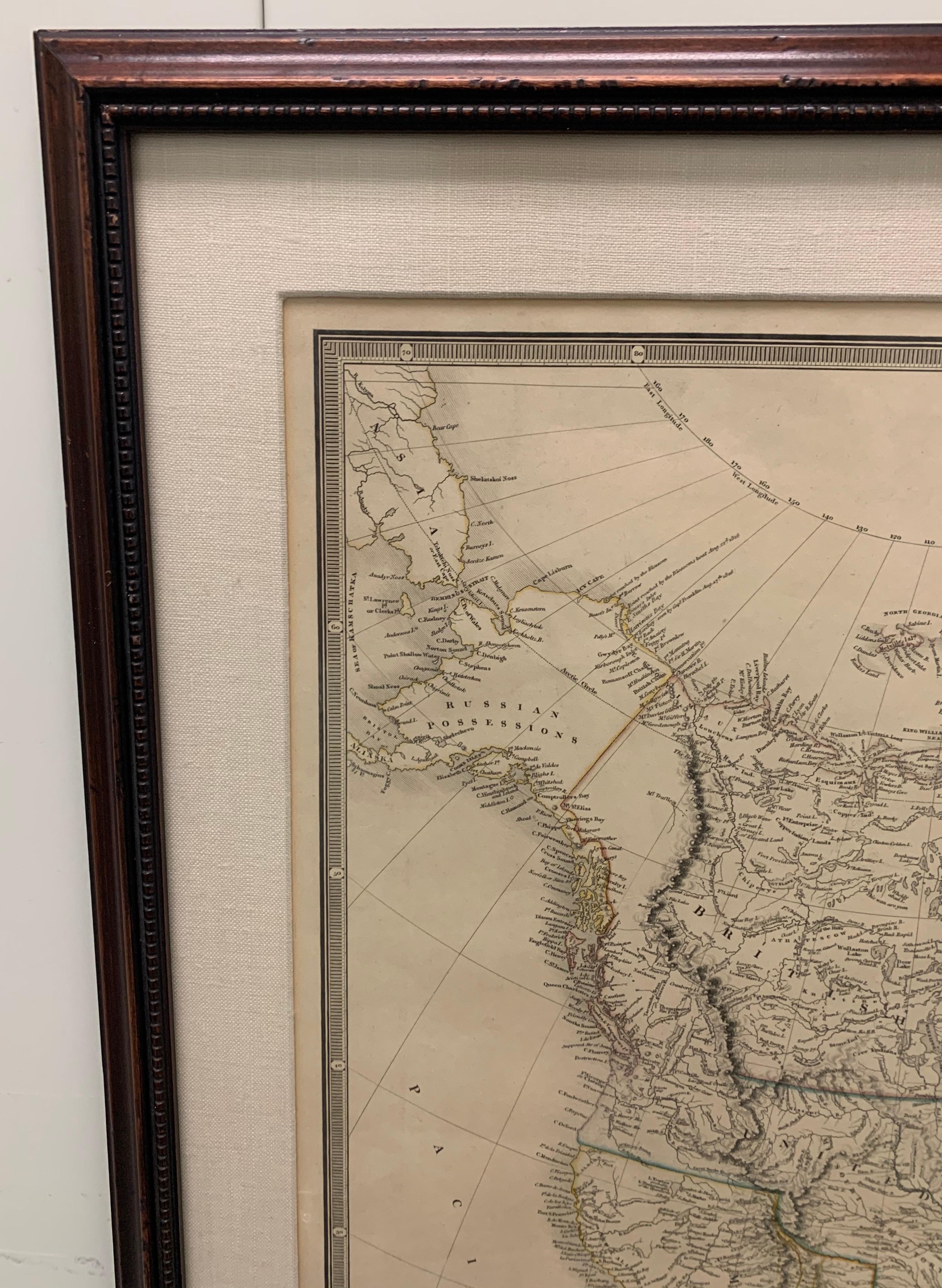 1838 map of North America & recent discoveries. Engraved color map by J. Wyld, London, England. This map shows Texas as a Republic without its panhandle. 
Framed in brown carved wood frame.