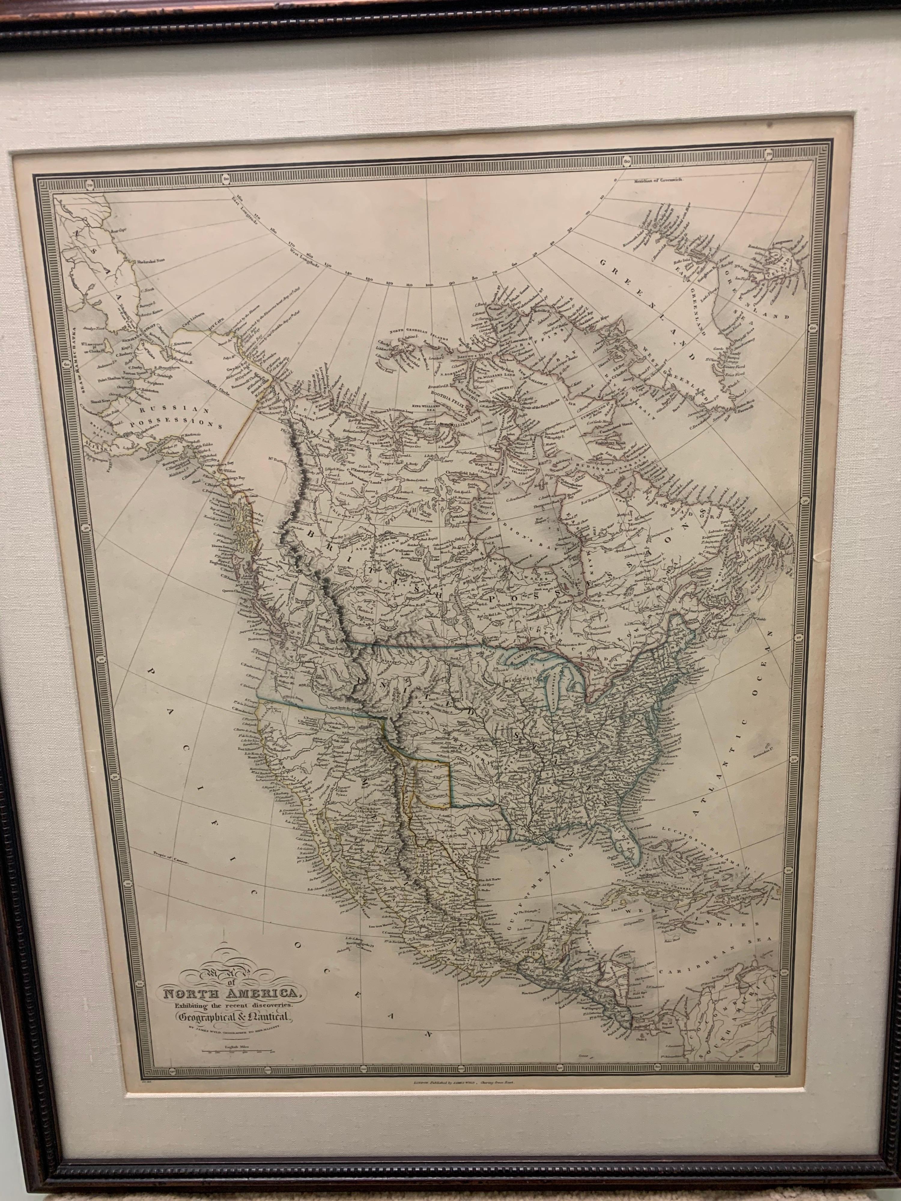 American Classical Framed 1838 North America & Recent Discoveries Map For Sale