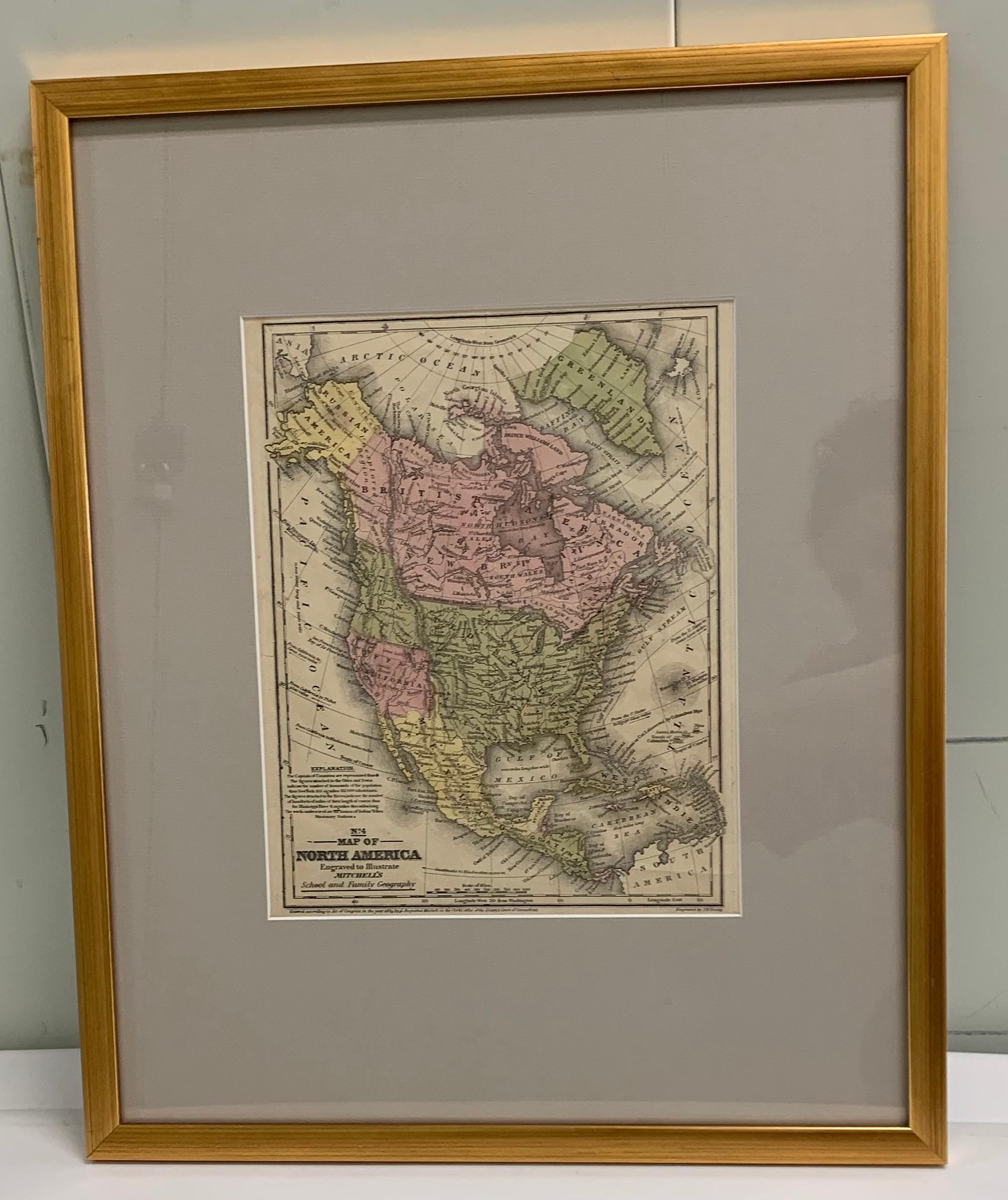 Carte encadrée des Etats-Unis d'Amérique de 1839, coloriée à la main. Nouvellement encadré dans un cadre en bois doré.