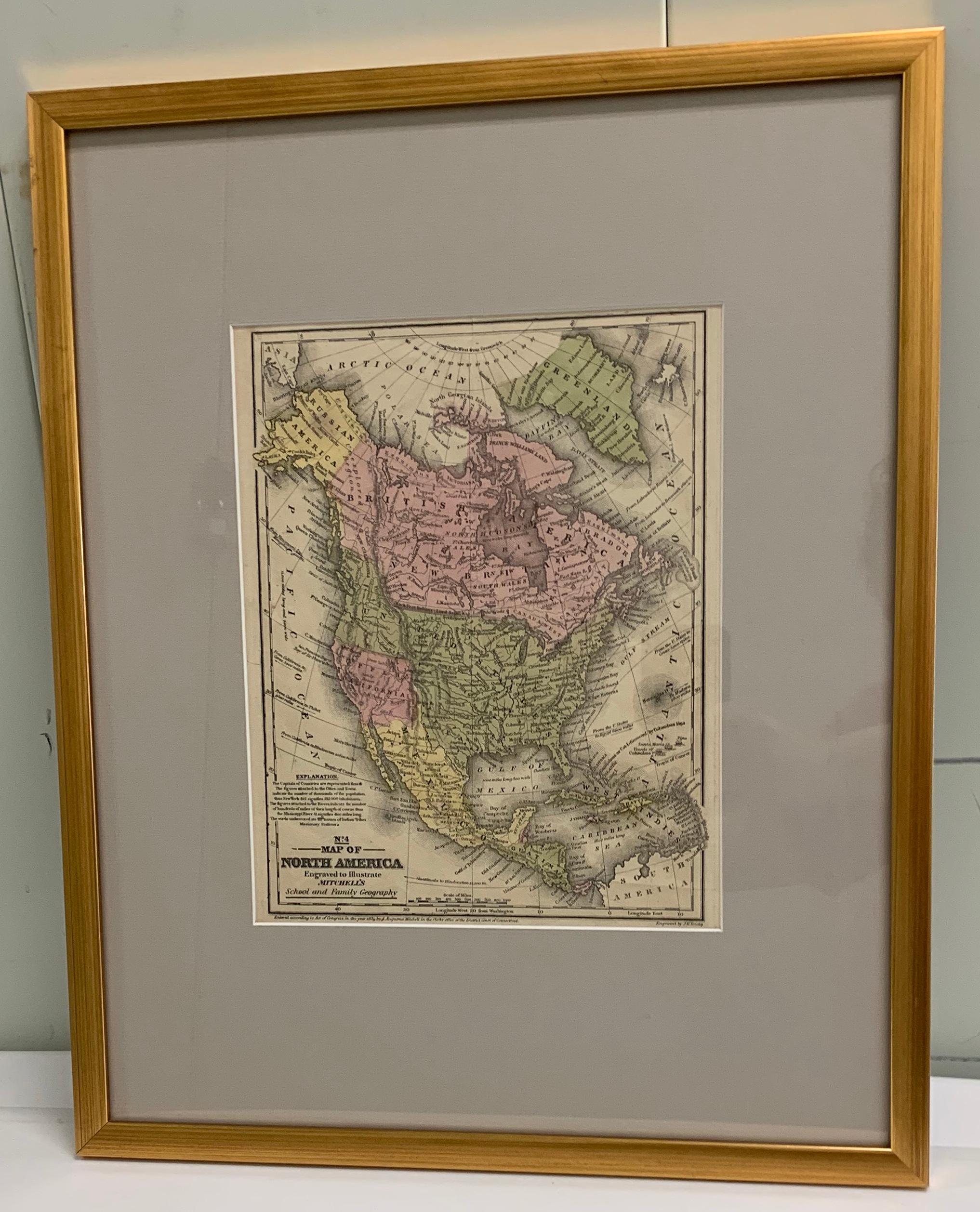 Classique américain Carte des États-Unis colorée à la main encadrée 1839 en vente