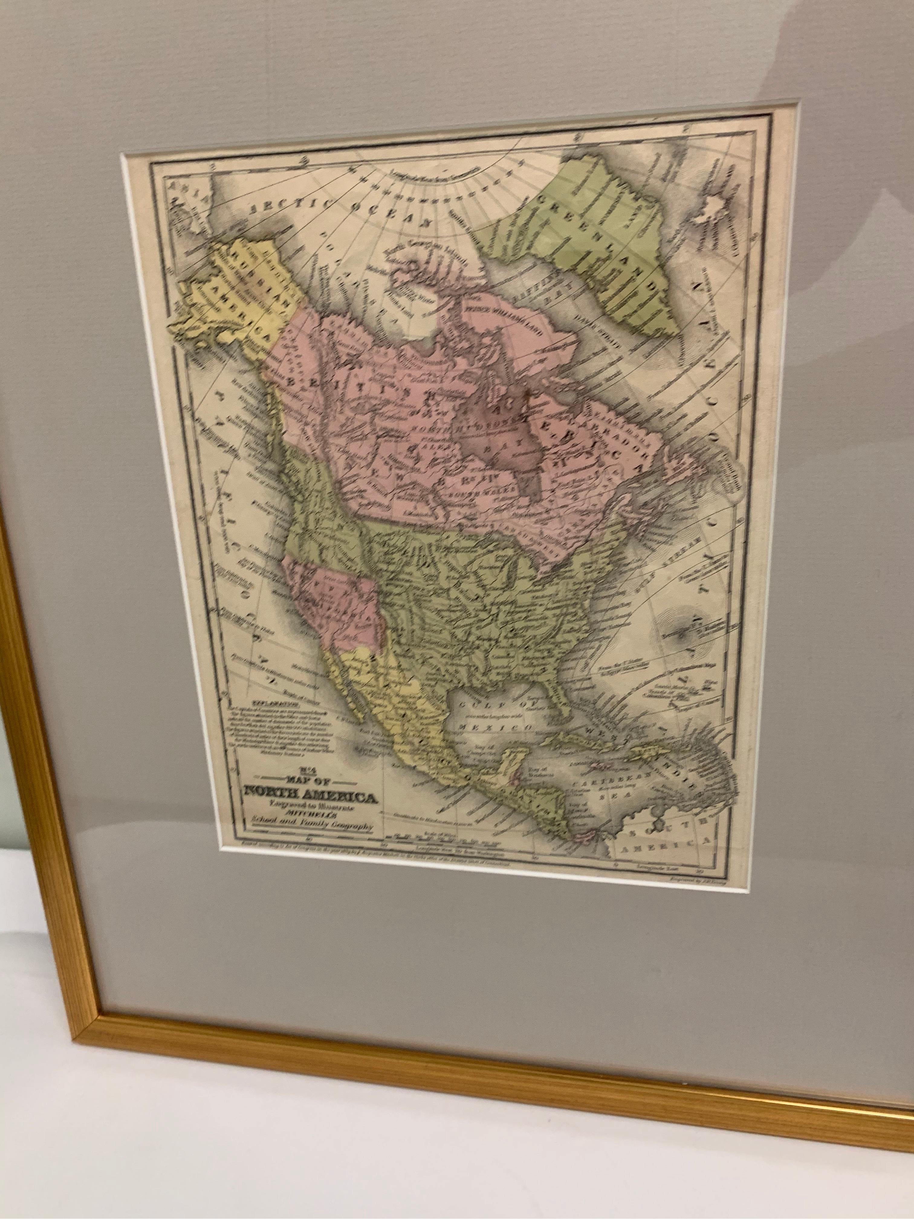 Américain Carte des États-Unis colorée à la main encadrée 1839 en vente
