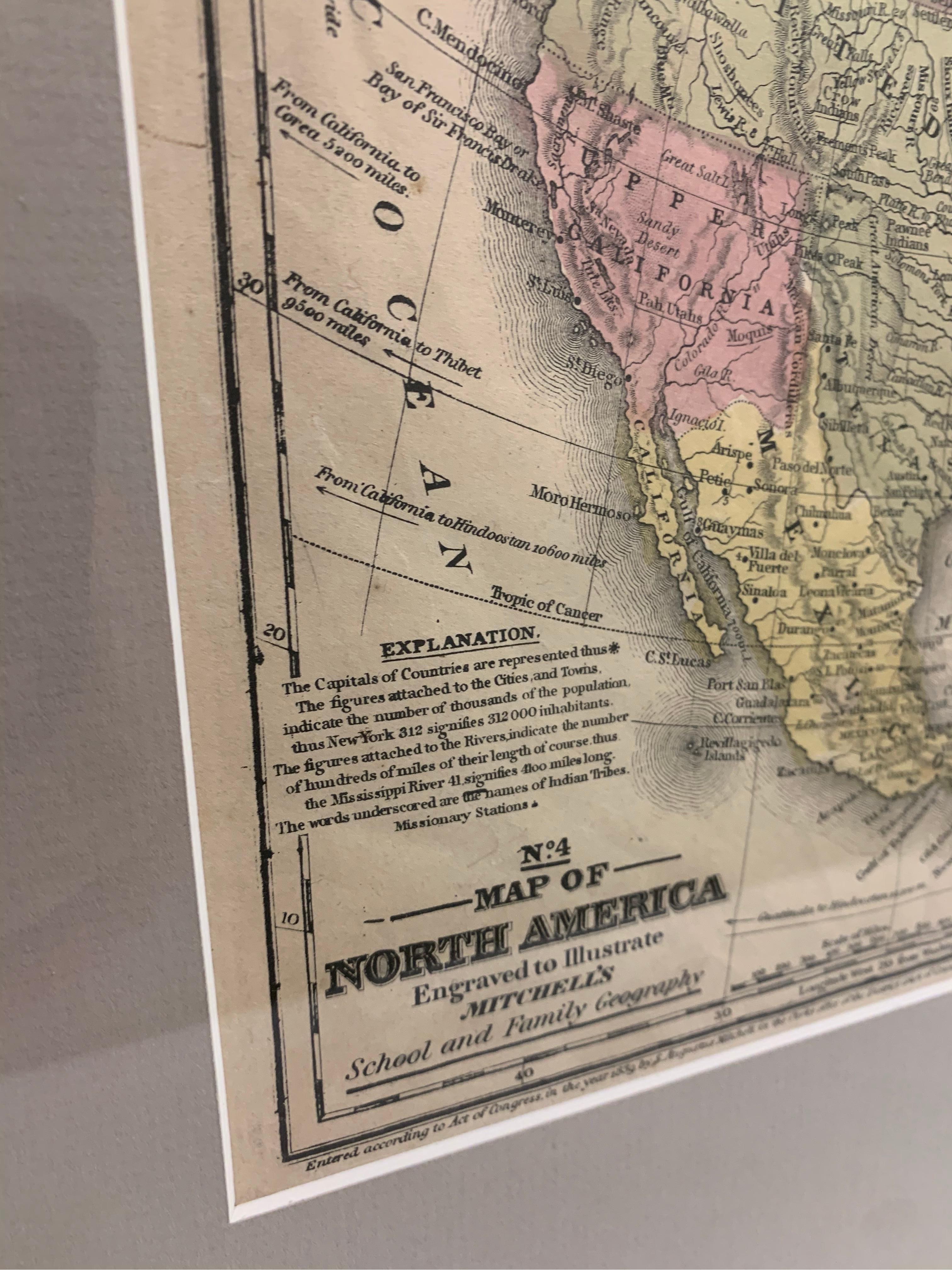 Carte des États-Unis colorée à la main encadrée 1839 Bon état - En vente à Stamford, CT