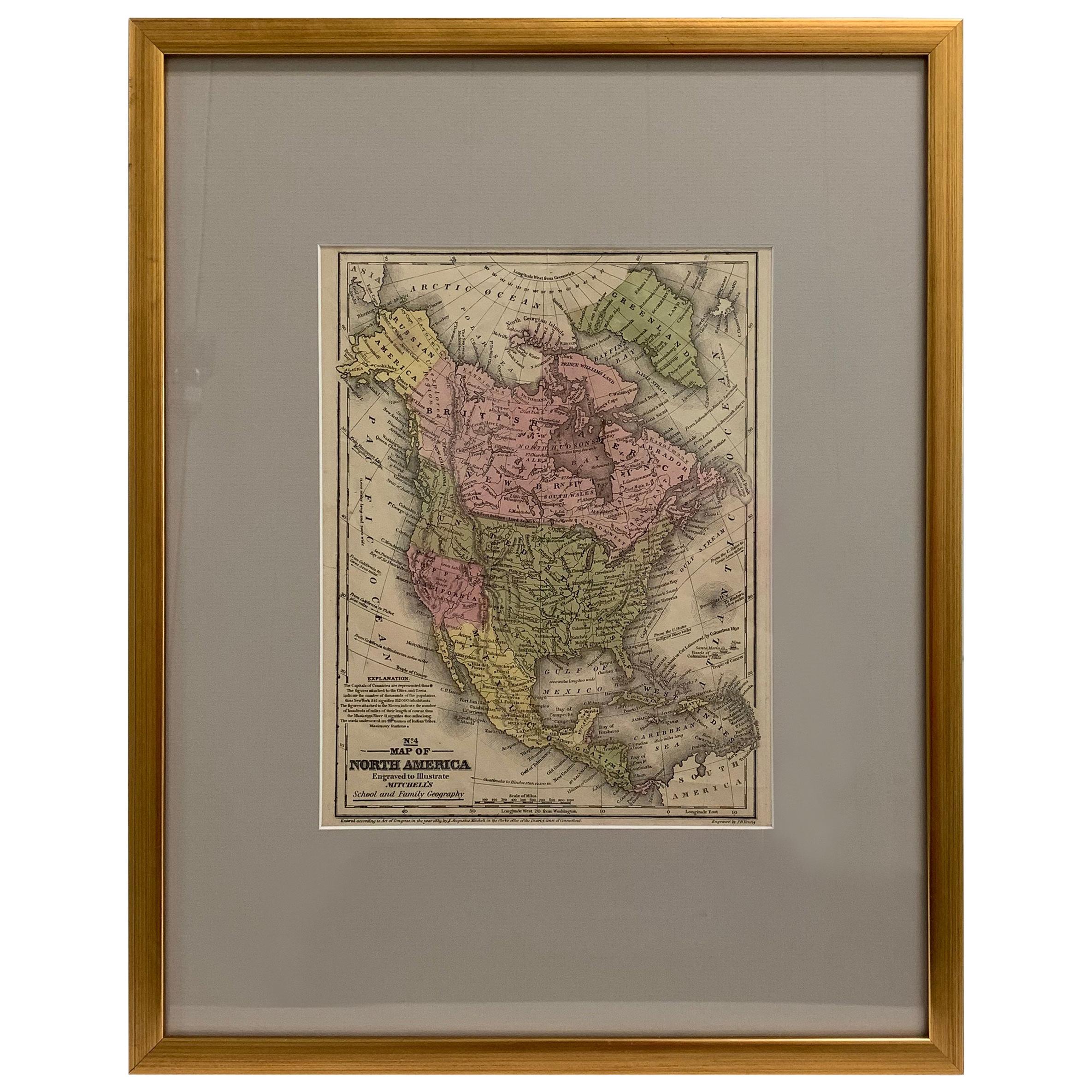 Carte des États-Unis colorée à la main encadrée 1839