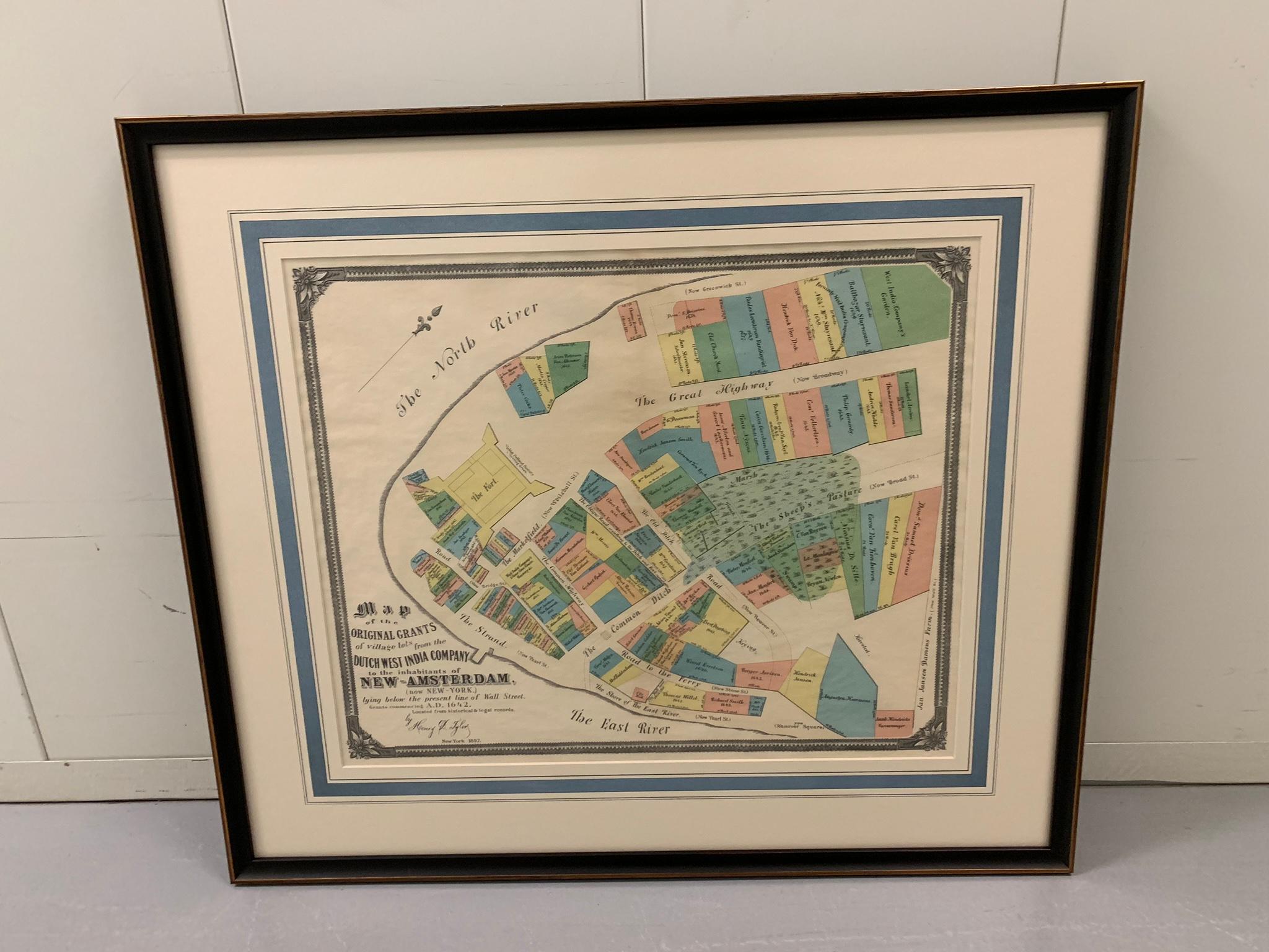 Framed hand colored 1897 map of New Amsterdam (New York). An 1897 version of the original 1642 Dutch West India Company map. Recently reframed with UV anti glare glass. Hanging hardware not included.