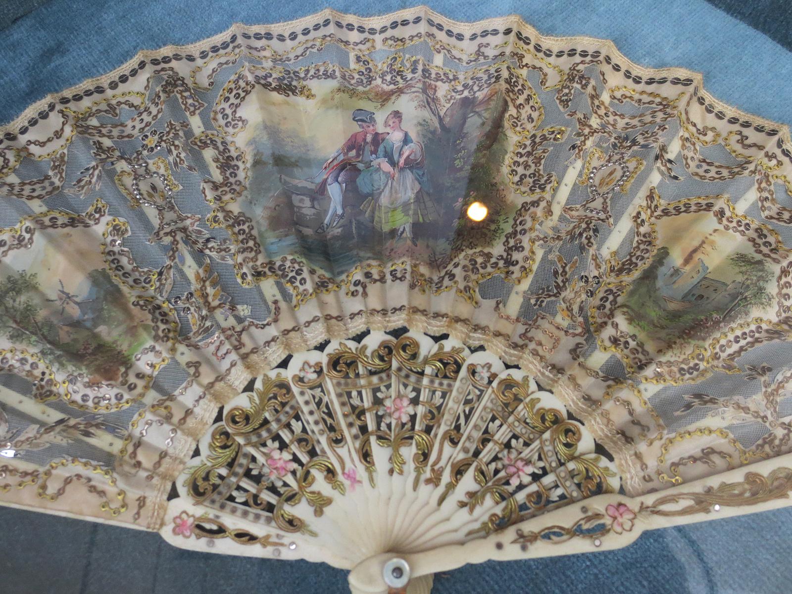 Glass Framed 18th-19th Century French Hand Painted Fan with Mother of Pearl Handle