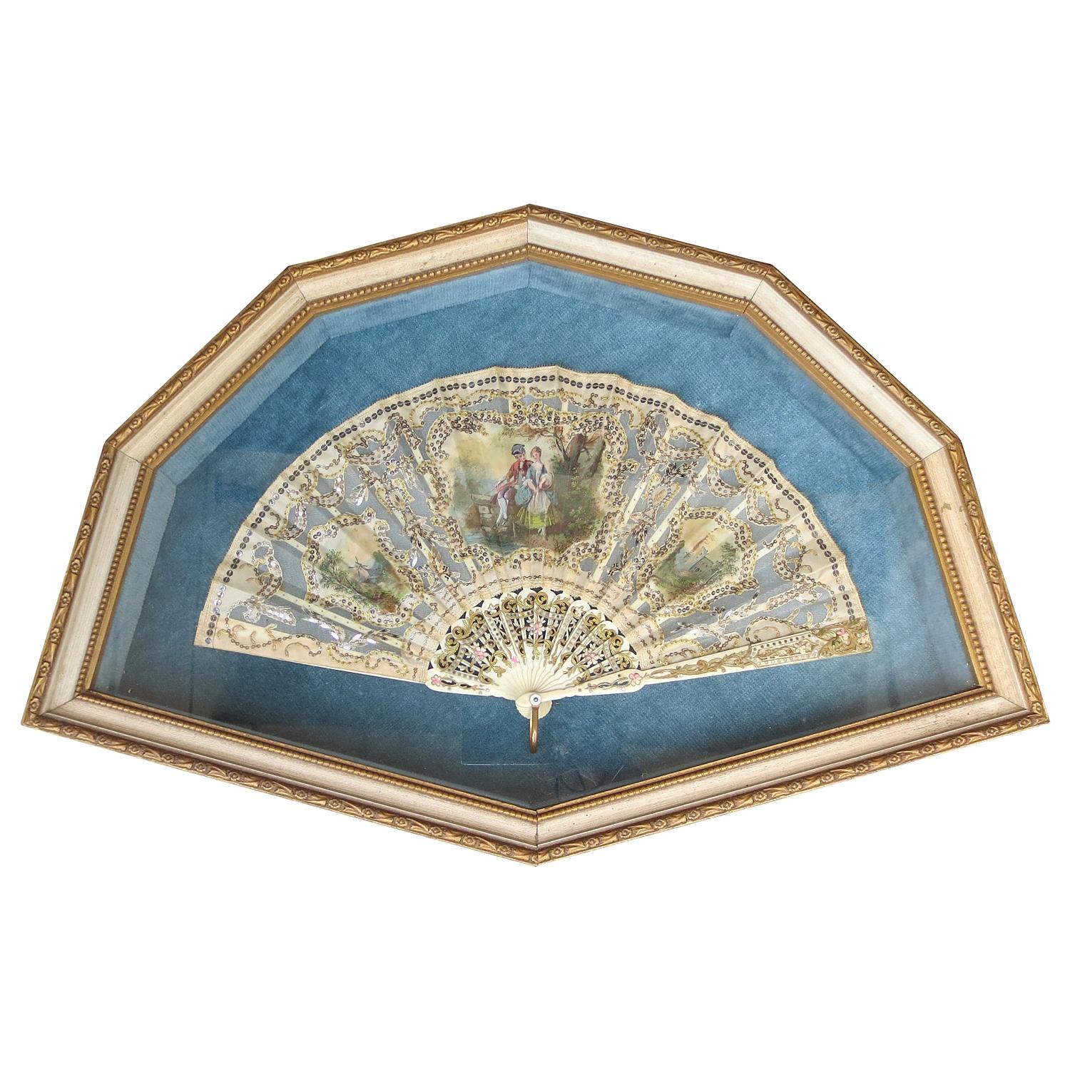 Framed 18th-19th Century French Hand Painted Fan with Mother of Pearl Handle