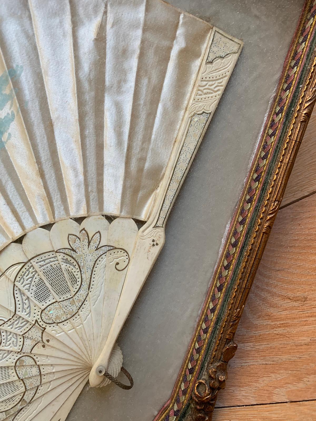 Framed 18th-19th Century Hand Painted Silk Fan with Mother of Pearl Handle 6