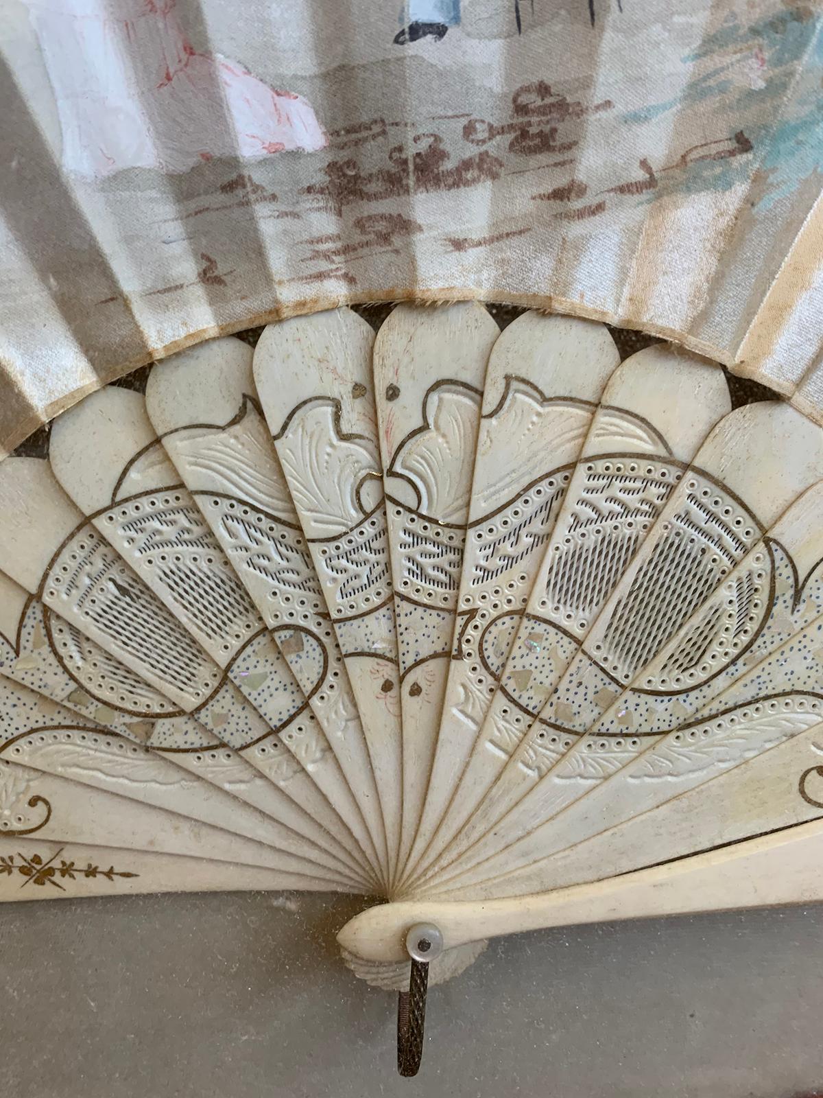 Framed 18th-19th Century Hand Painted Silk Fan with Mother of Pearl Handle 7