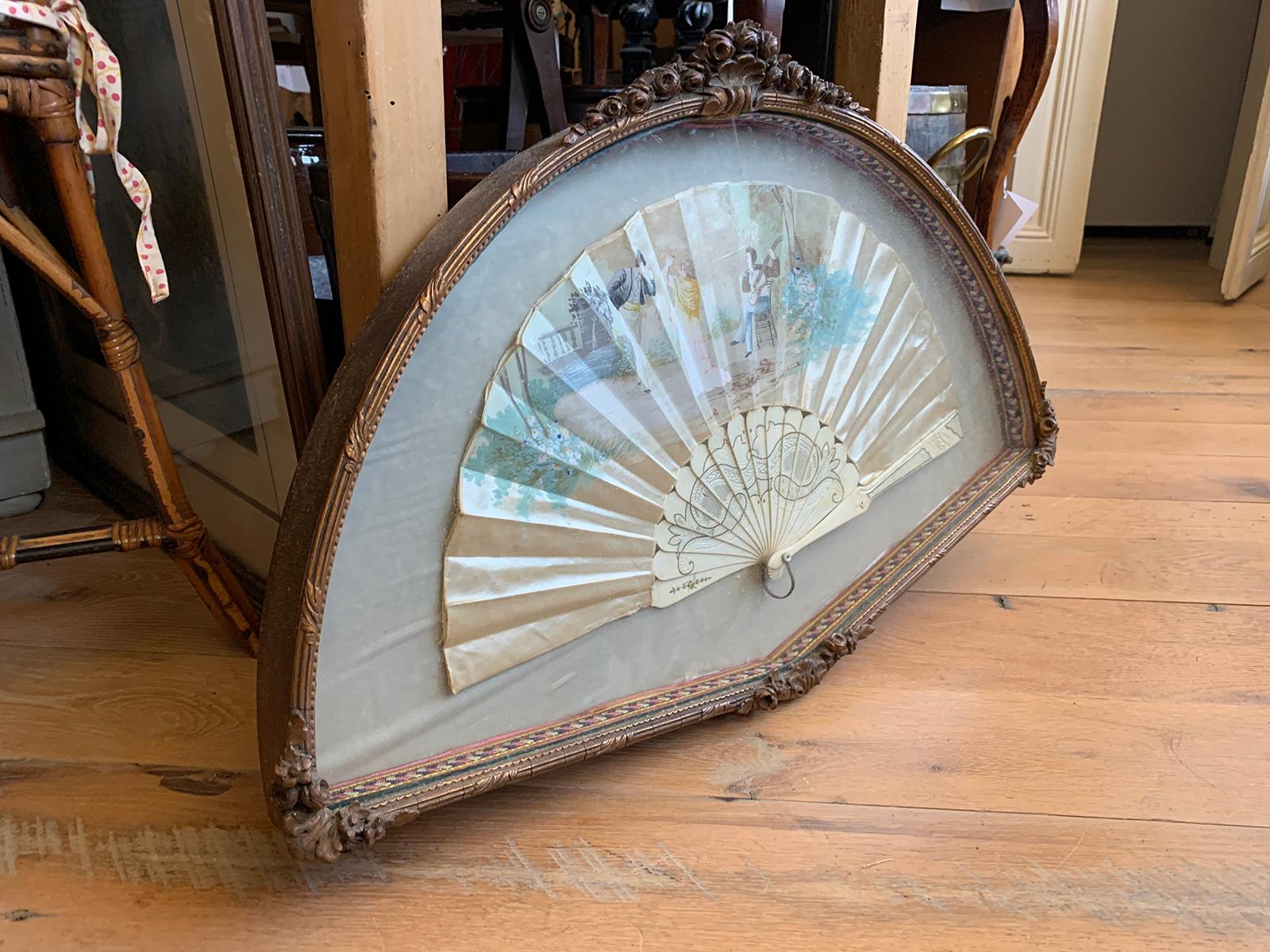 Mother-of-Pearl Framed 18th-19th Century Hand Painted Silk Fan with Mother of Pearl Handle