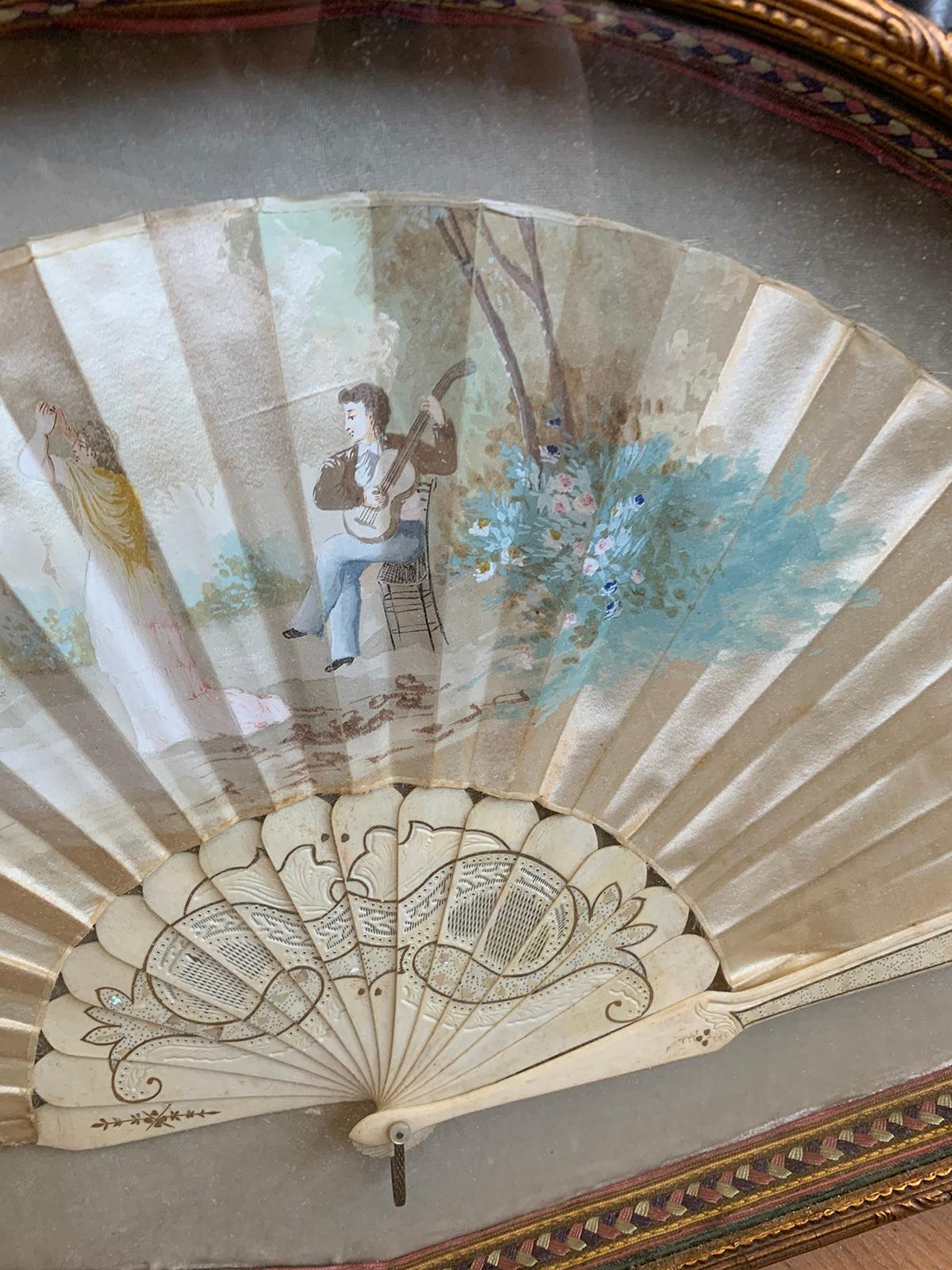 Framed 18th-19th Century Hand Painted Silk Fan with Mother of Pearl Handle 3