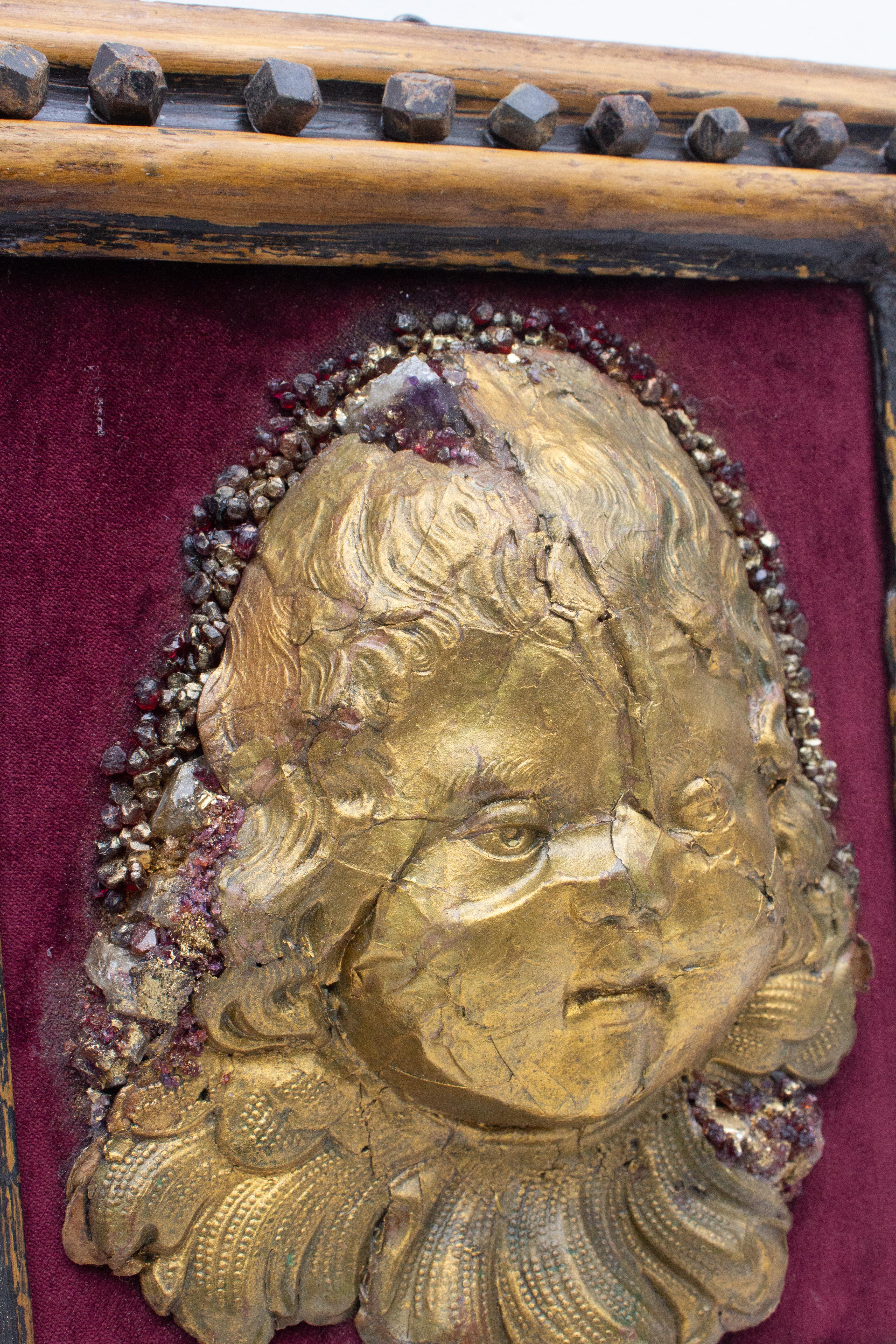 Rococo Framed 18th Century Italian Gold Leaf Angel Head Wall Relief Sculpture For Sale