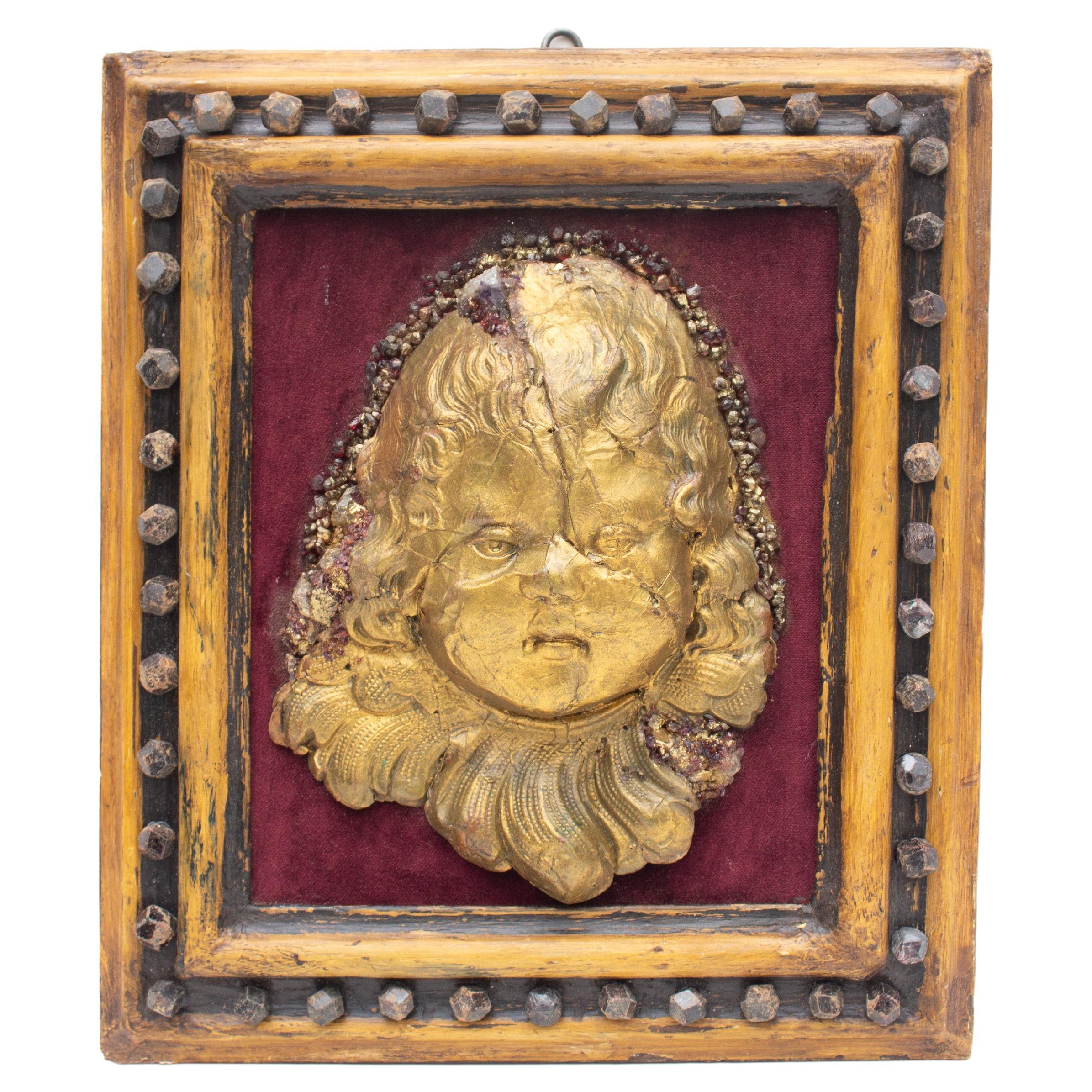 Framed 18th Century Italian Gold Leaf Angel Head Wall Relief Sculpture For Sale