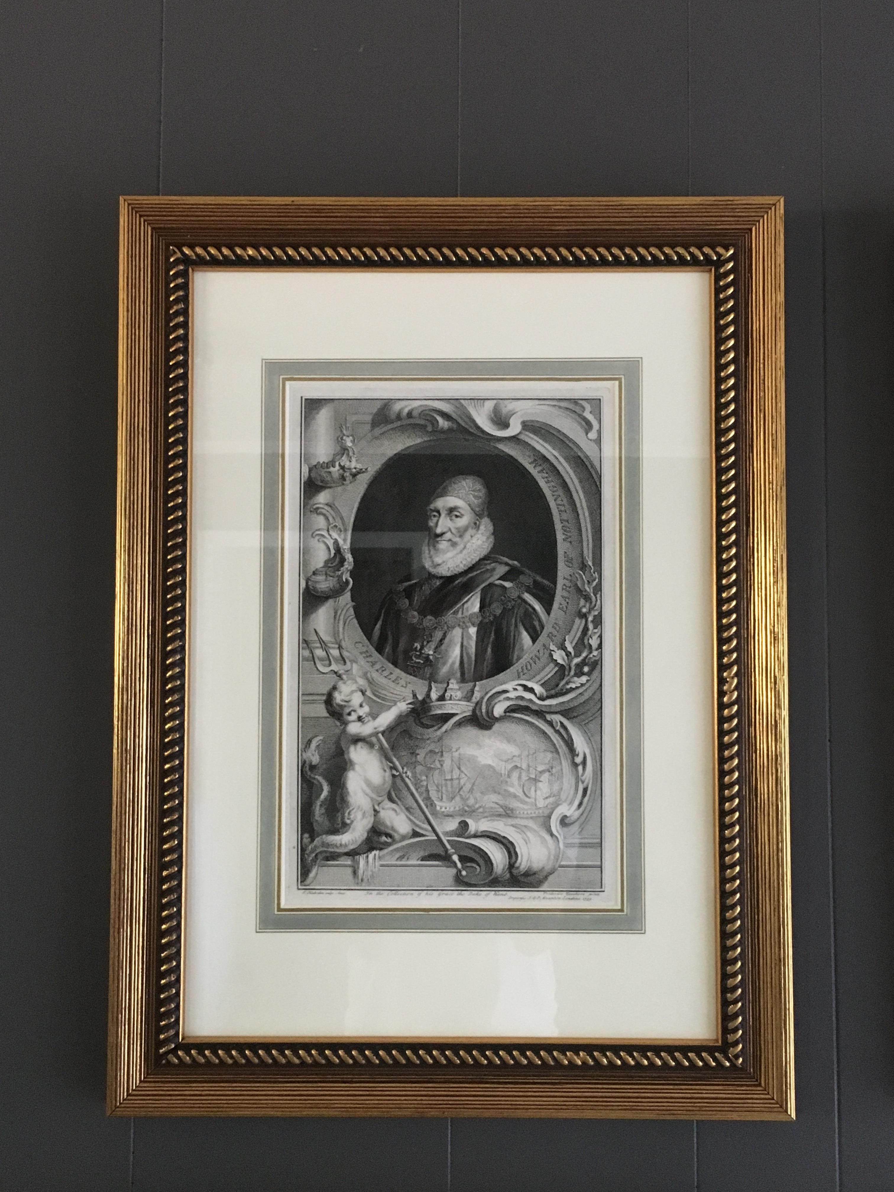 A lovely set of four 18th century style portrait engravings with allegorical scenes presented in giltwood frames under glass with very fine hand-colored matting. The engravings were done by George Vertue and published by J & P Knapton, and in the