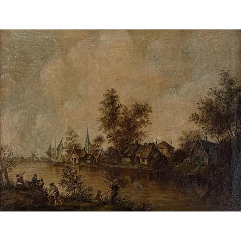 Framed 18th century oil painting on canvas is a marvelous depiction of life during the period, represented in a bustling little seaside village in northern Europe. Fishing vessels about to set sail are seen at left, with the village's humble