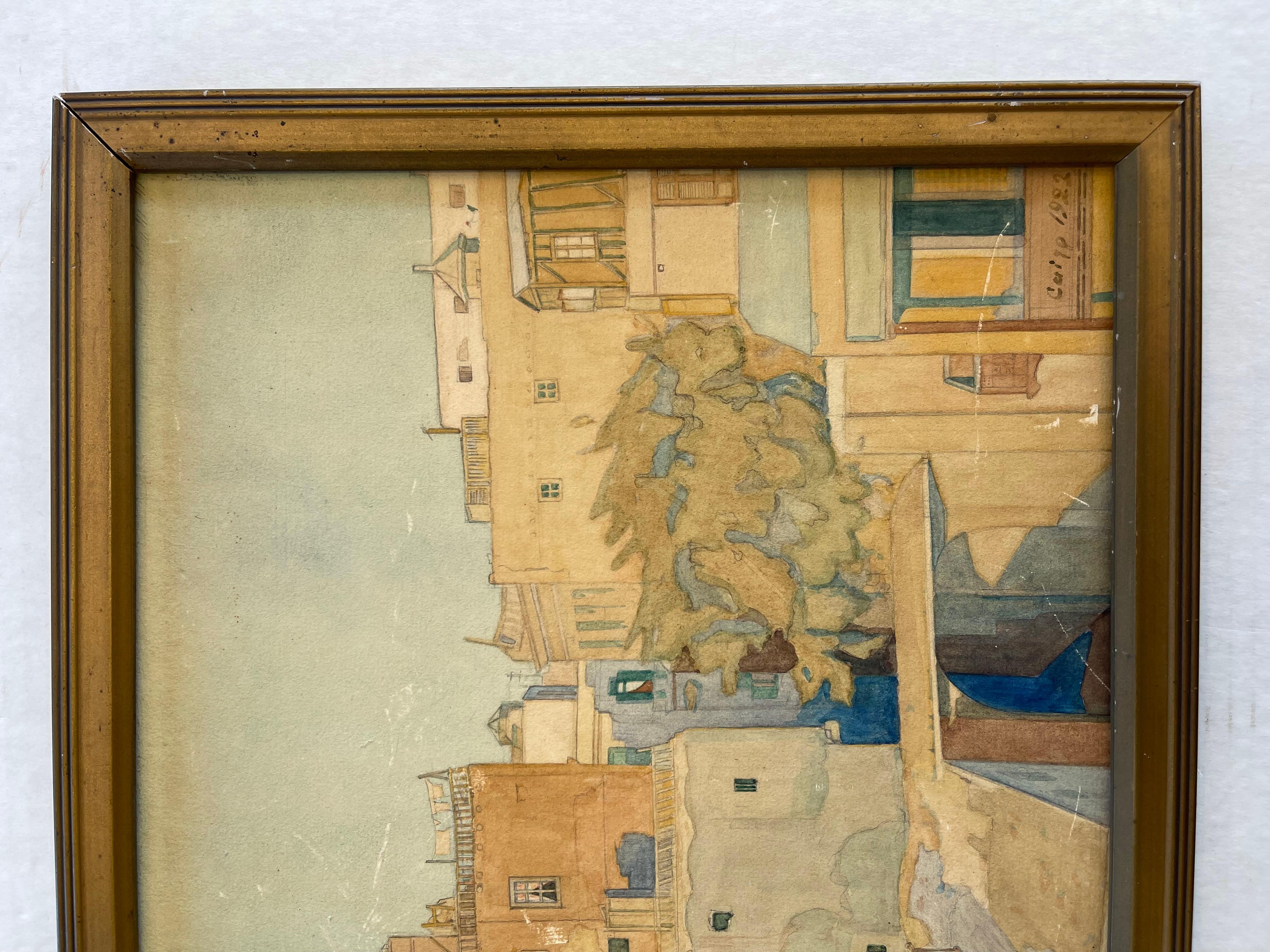 Mid-Century Modern Aquarelle encadrée du Caire de 1922 par O. Sandez  Peinture architecturale en vente