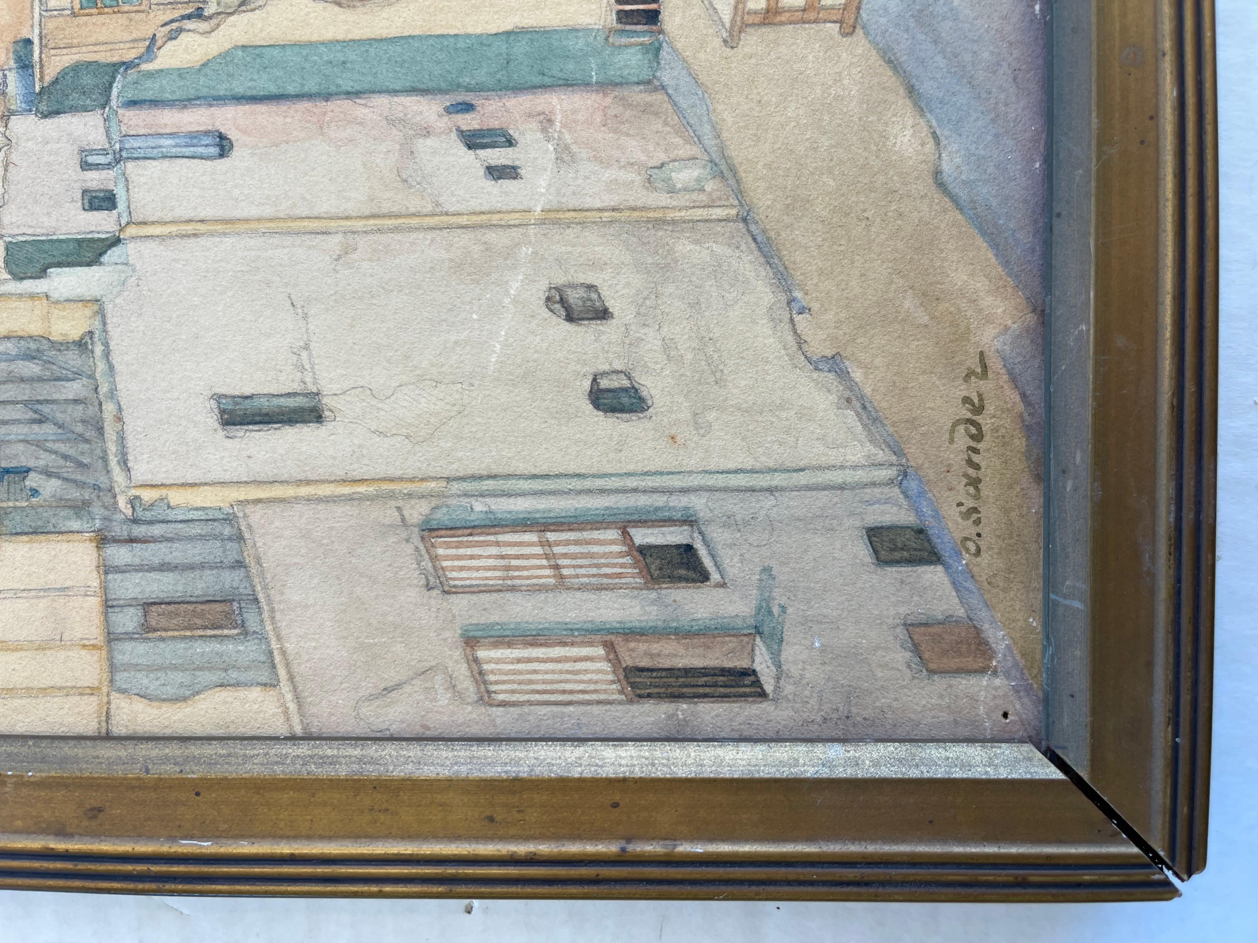 Bois Aquarelle encadrée du Caire de 1922 par O. Sandez  Peinture architecturale en vente
