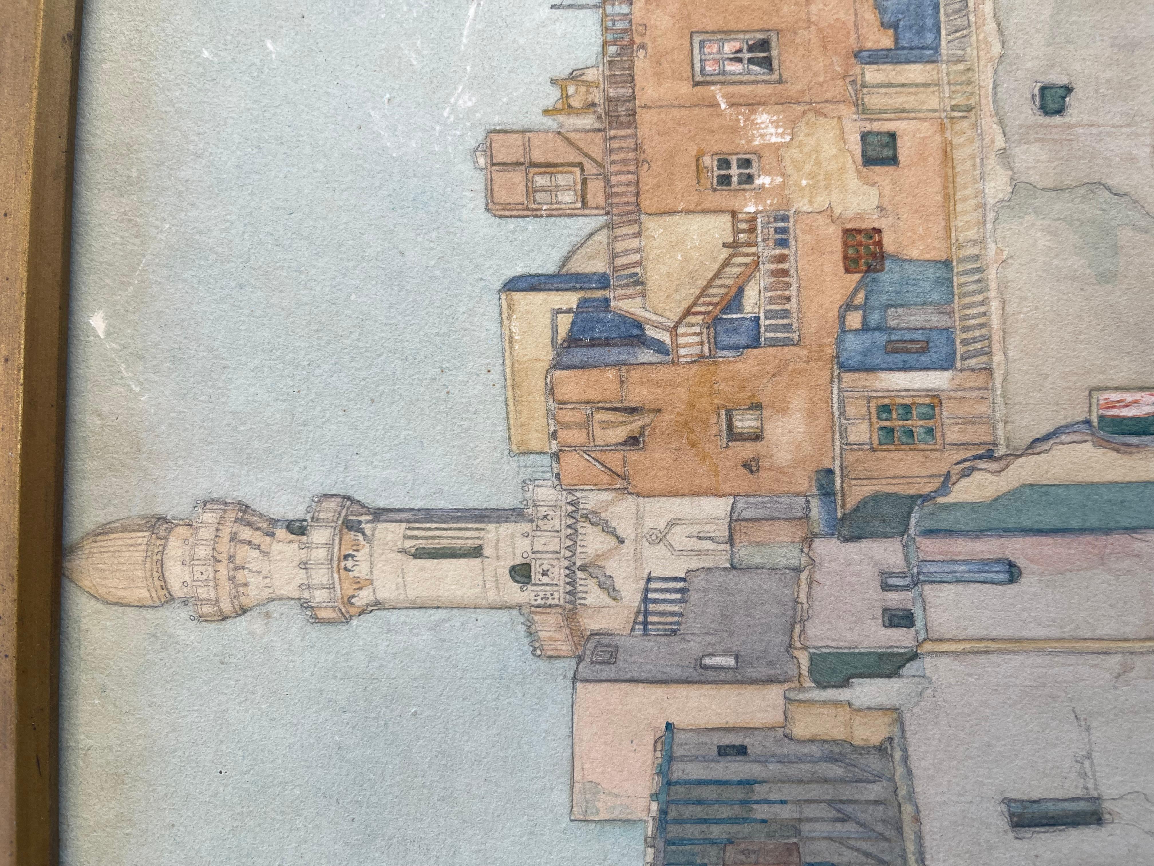 Aquarelle encadrée du Caire de 1922 par O. Sandez  Peinture architecturale en vente 1