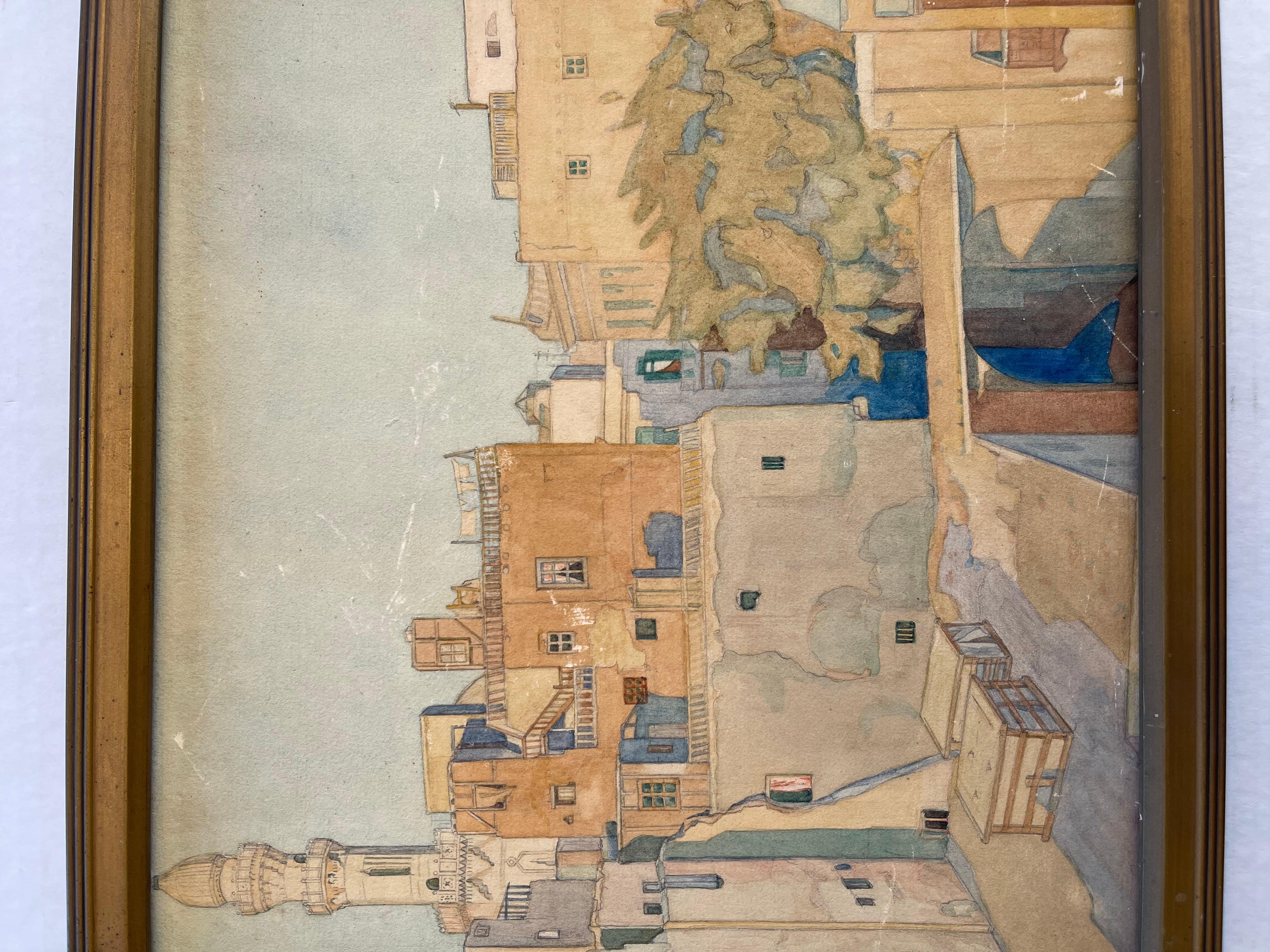 Aquarelle encadrée du Caire de 1922 par O. Sandez  Peinture architecturale en vente 3