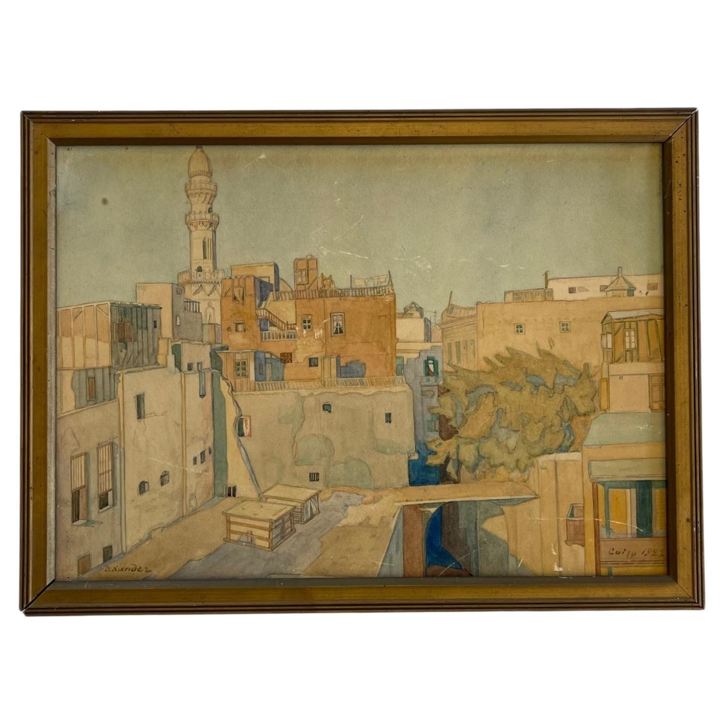 Aquarelle encadrée du Caire de 1922 par O. Sandez  Peinture architecturale en vente