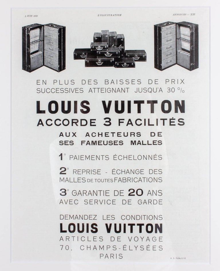 Framed 1930s Original French Louis Vuitton Luggage Print Ads For Sale at 1stdibs