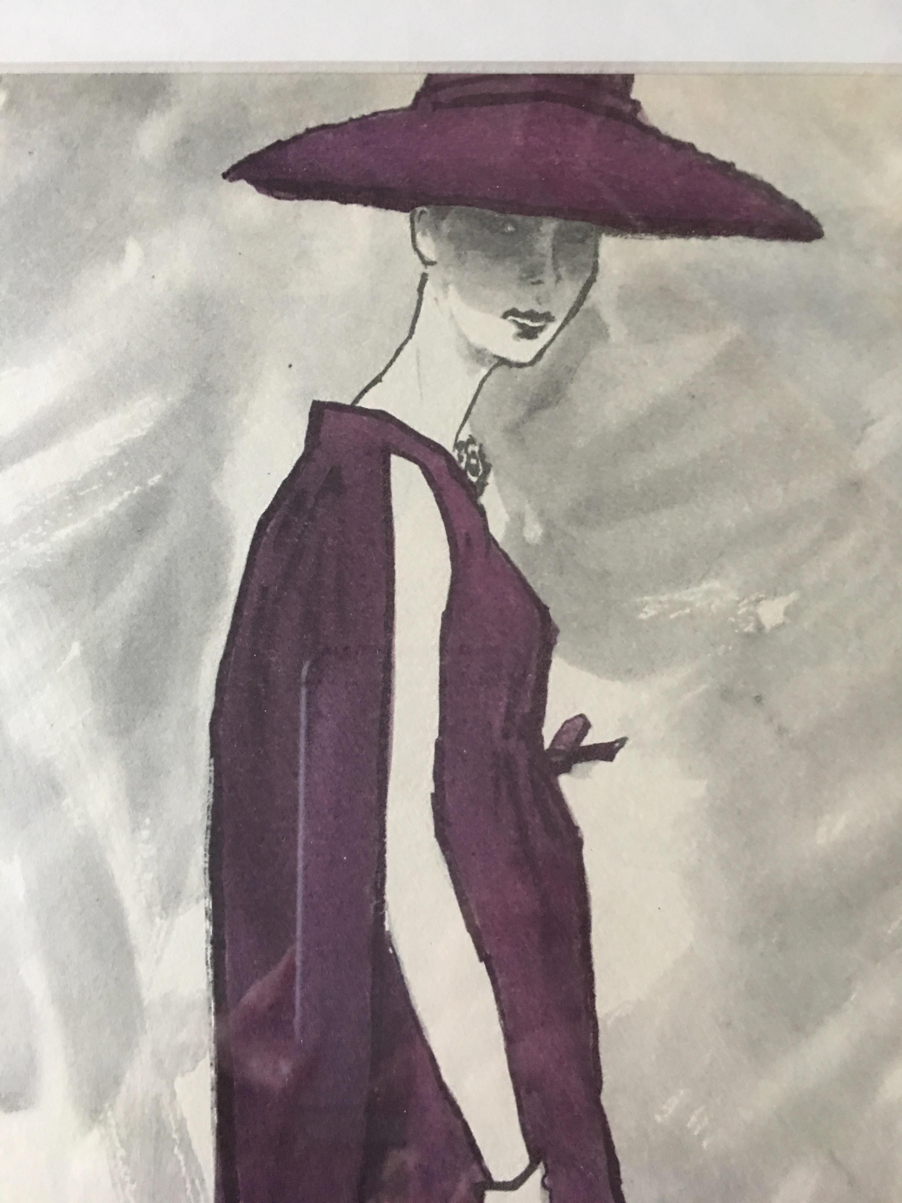 Mid-20th Century Balenciaga 1958 Fashion Illustration by Pierre Mourgue Framed
