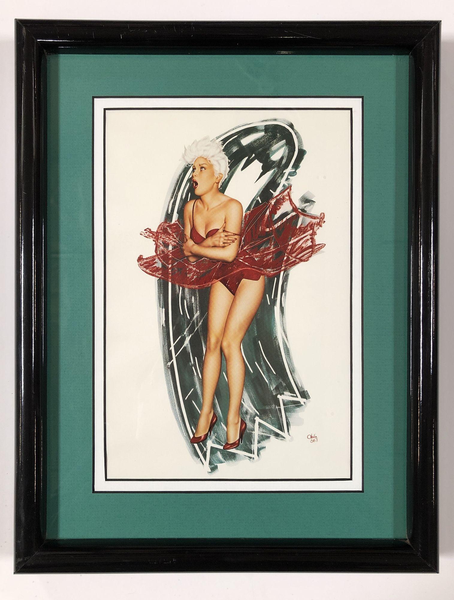 Original 1986 Pin-up artwork featuring silver hair woman in a red dress signed 