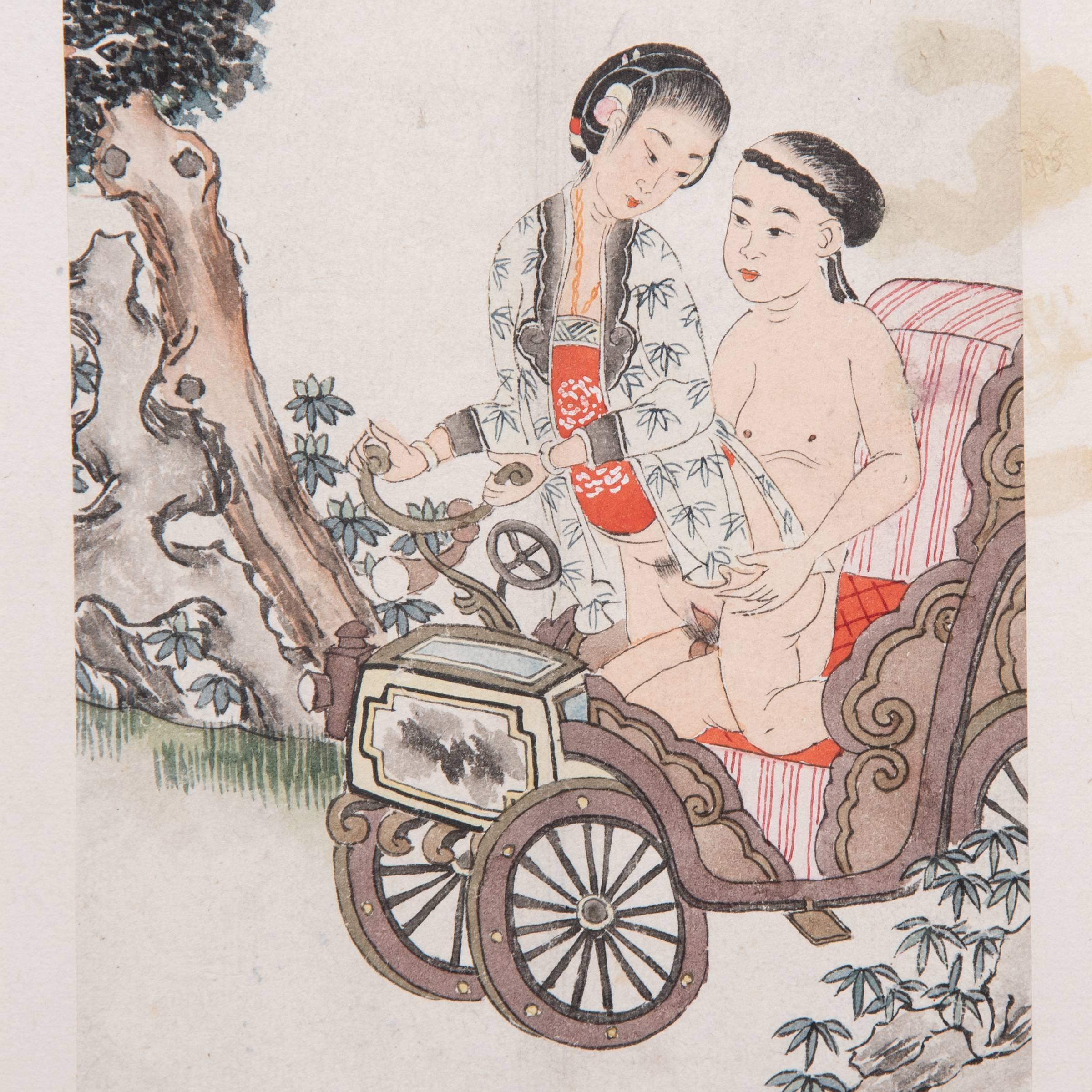 Despite its explicit content, this intimate scene conveys a sense of tenderness and romantic love characteristic of Chinese erotic art. Known as “spring palace paintings,” these ink and watercolor illustrations imagined the sensual delights of