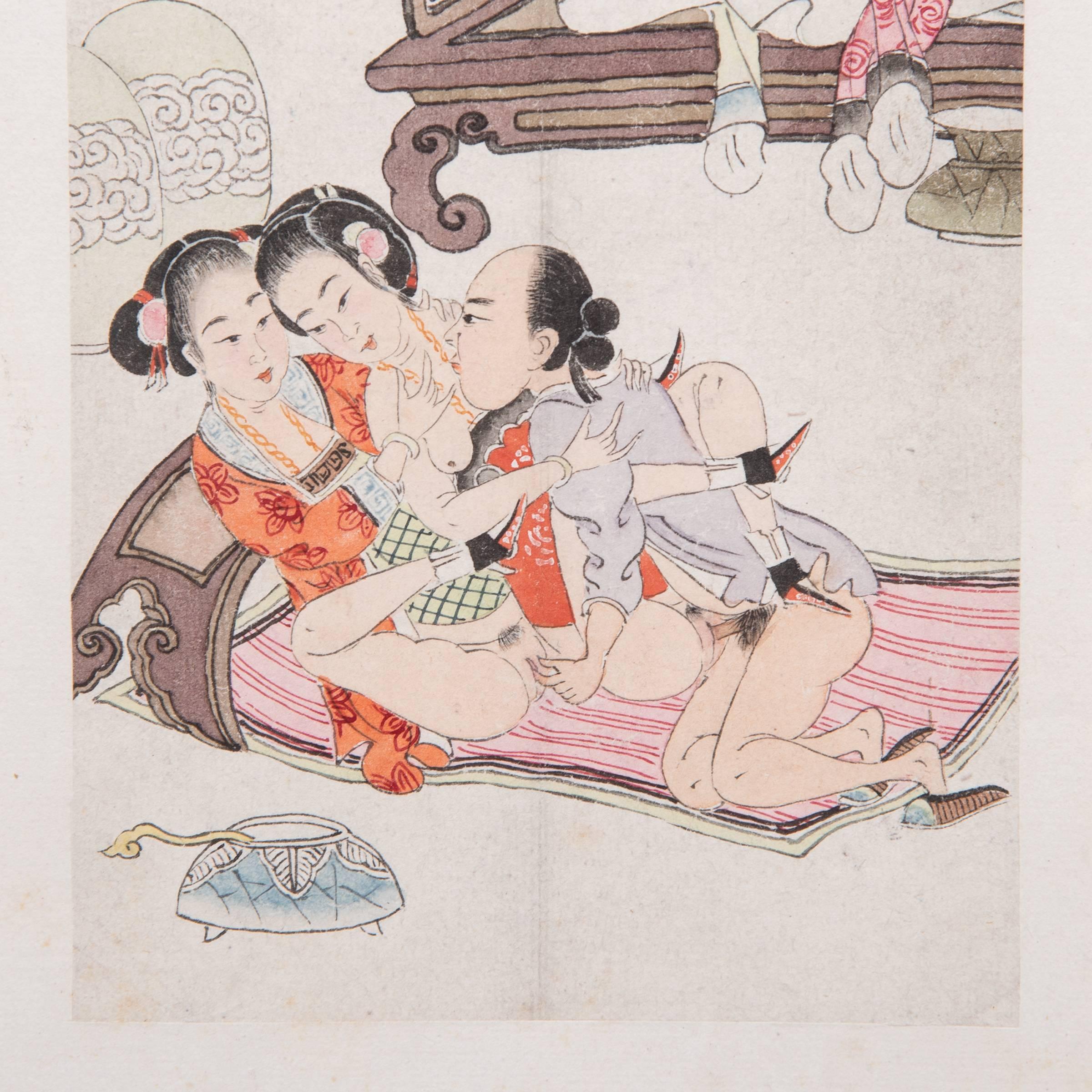 Despite its explicit content, this intimate scene conveys a sense of tenderness and romantic love characteristic of Chinese erotic art. Known as “spring palace paintings,” these ink and watercolor illustrations imagined the sensual delights of