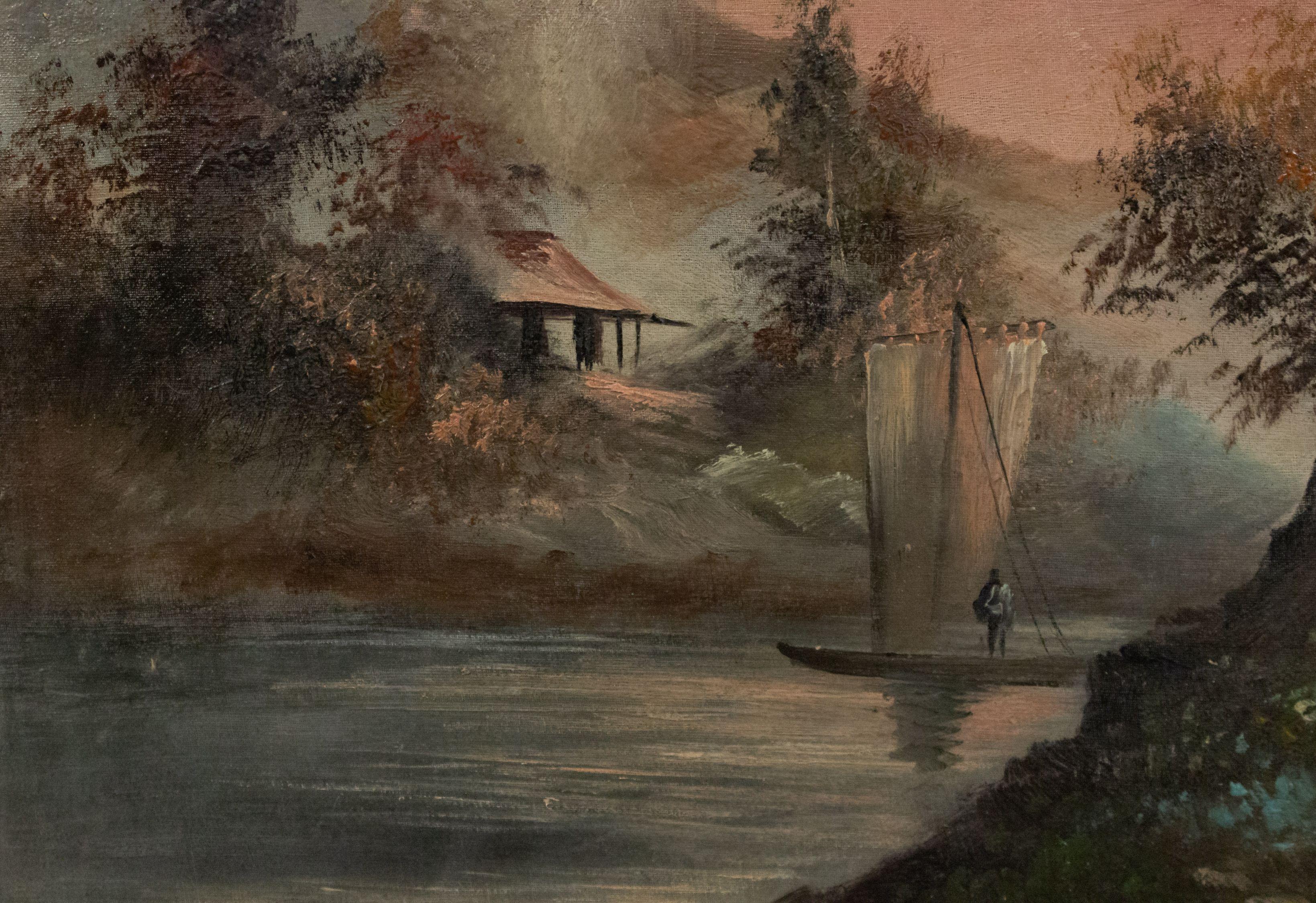 Exportation chinoise Paysage chinois du 19ème siècle encadré d'une maison par une rivière en vente