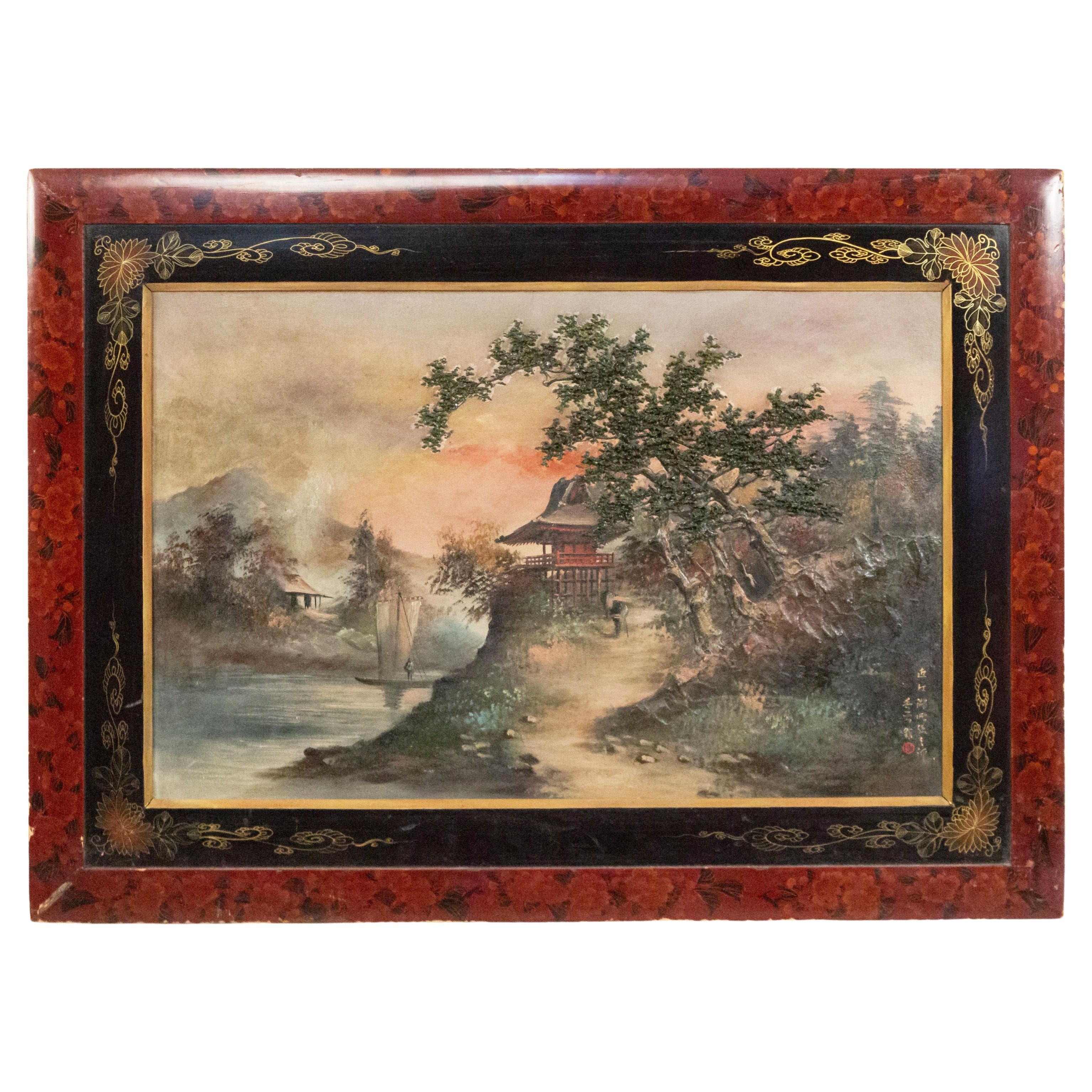 Framed 19th Century Chinese Landscape of House by a River