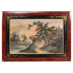 Framed 19th Century Chinese Landscape of House by a River
