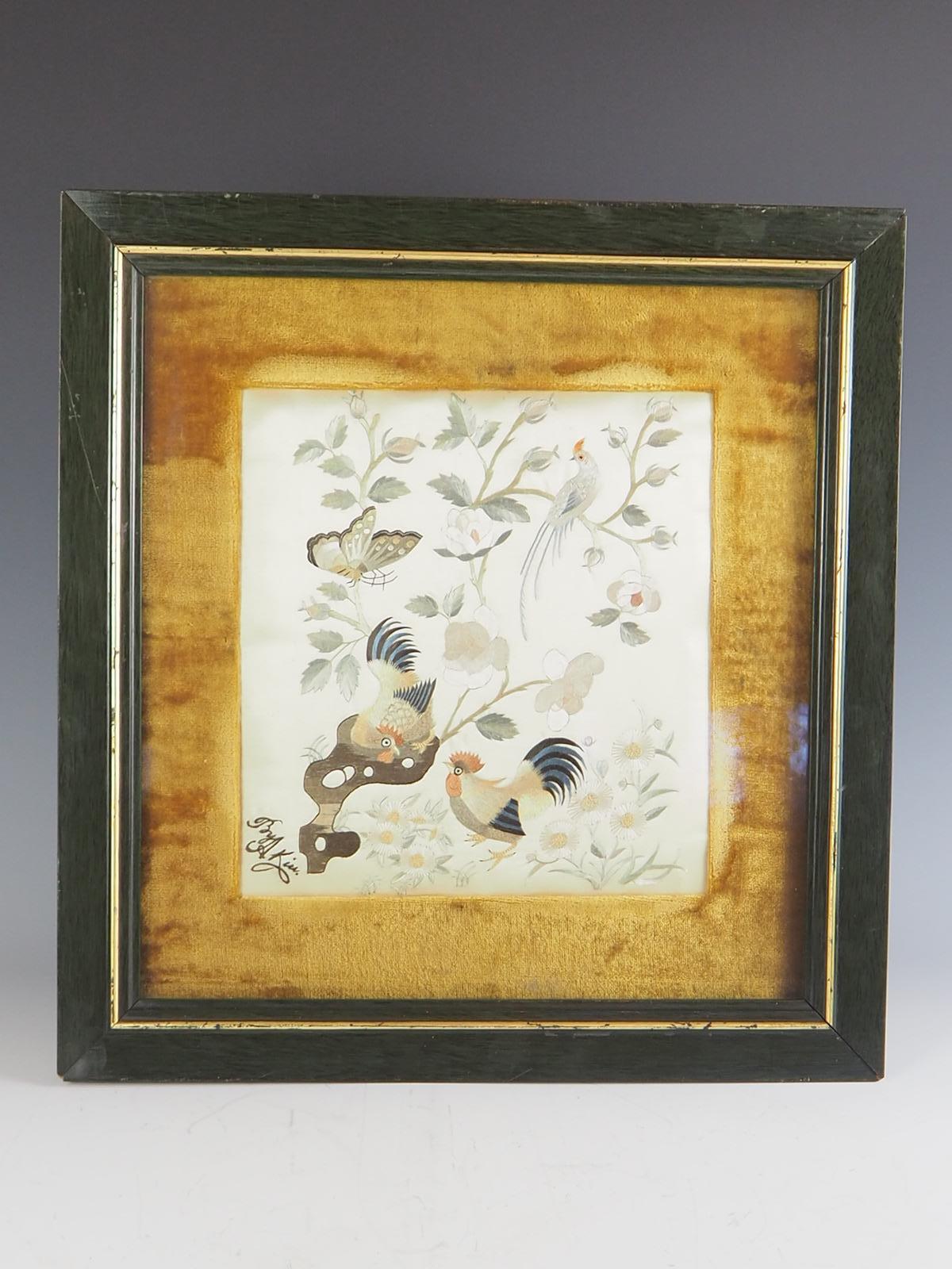 Framed 19th century Chinese silk birds embroidery.

Exquisite hand embrioded silk featuring roosters, butterfly and bird in a nature scene framed in a quality velvet border.

Signed By A Kiu.