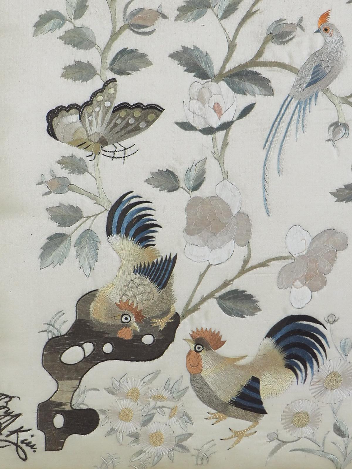 Embroidered Framed 19th Century Chinese Silk Birds Embroidery