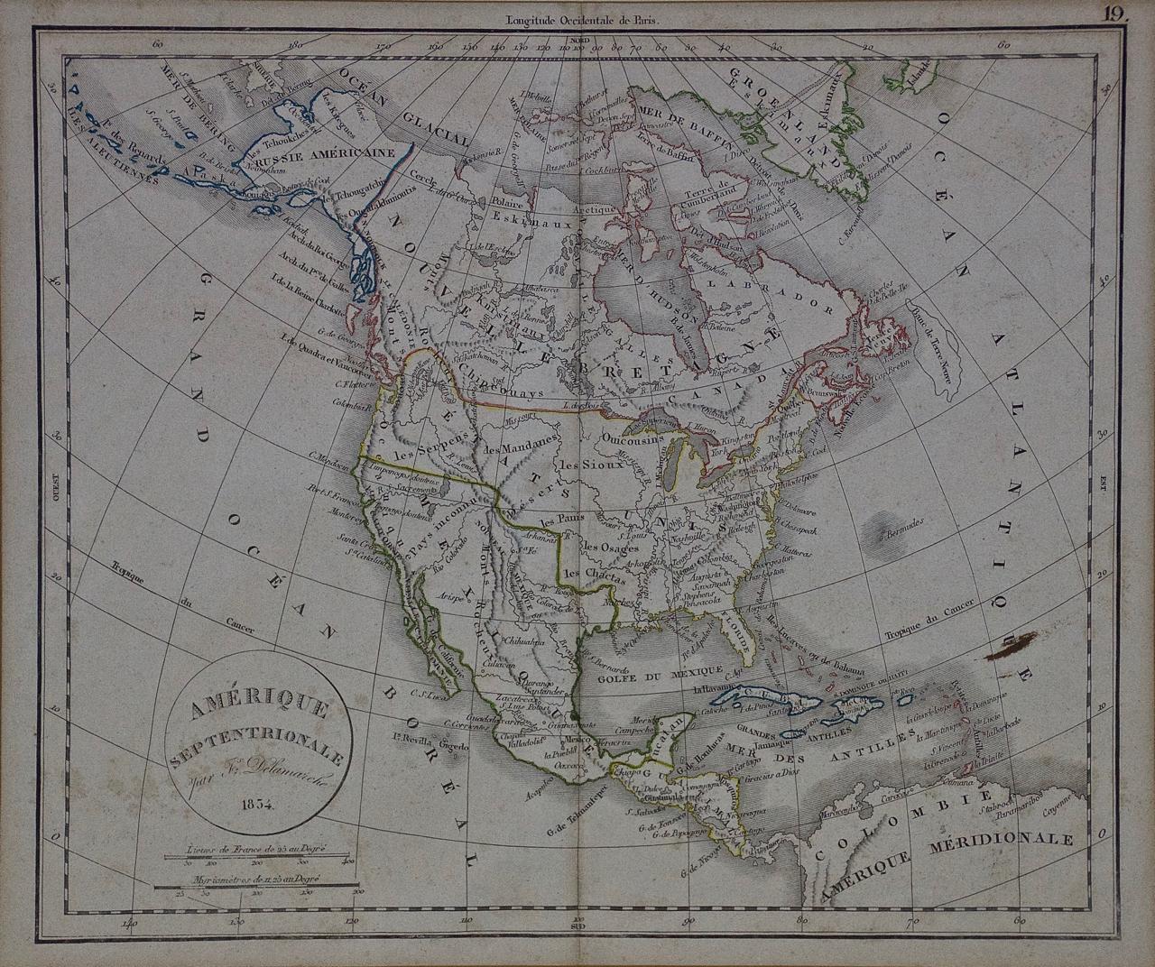 Cette carte encadrée du milieu du XIXe siècle de l'Amérique du Nord intitulée 