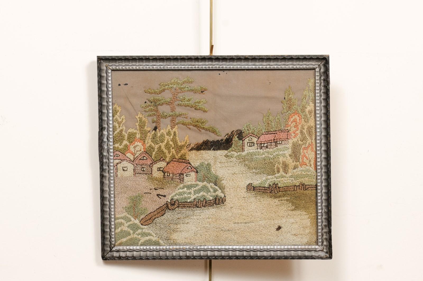  Framed 19th Century English Embroidery of a Country Landscape In Good Condition For Sale In Atlanta, GA