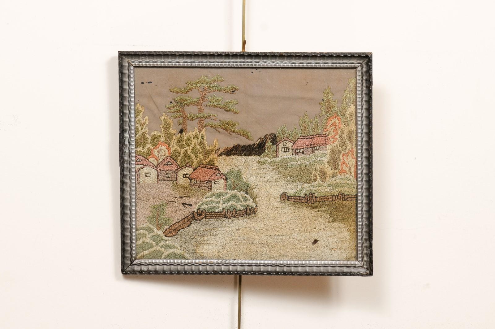 Fabric  Framed 19th Century English Embroidery of a Country Landscape For Sale