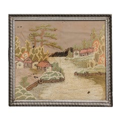broderie anglaise encadrée d'un paysage campagnard du 19ème siècle