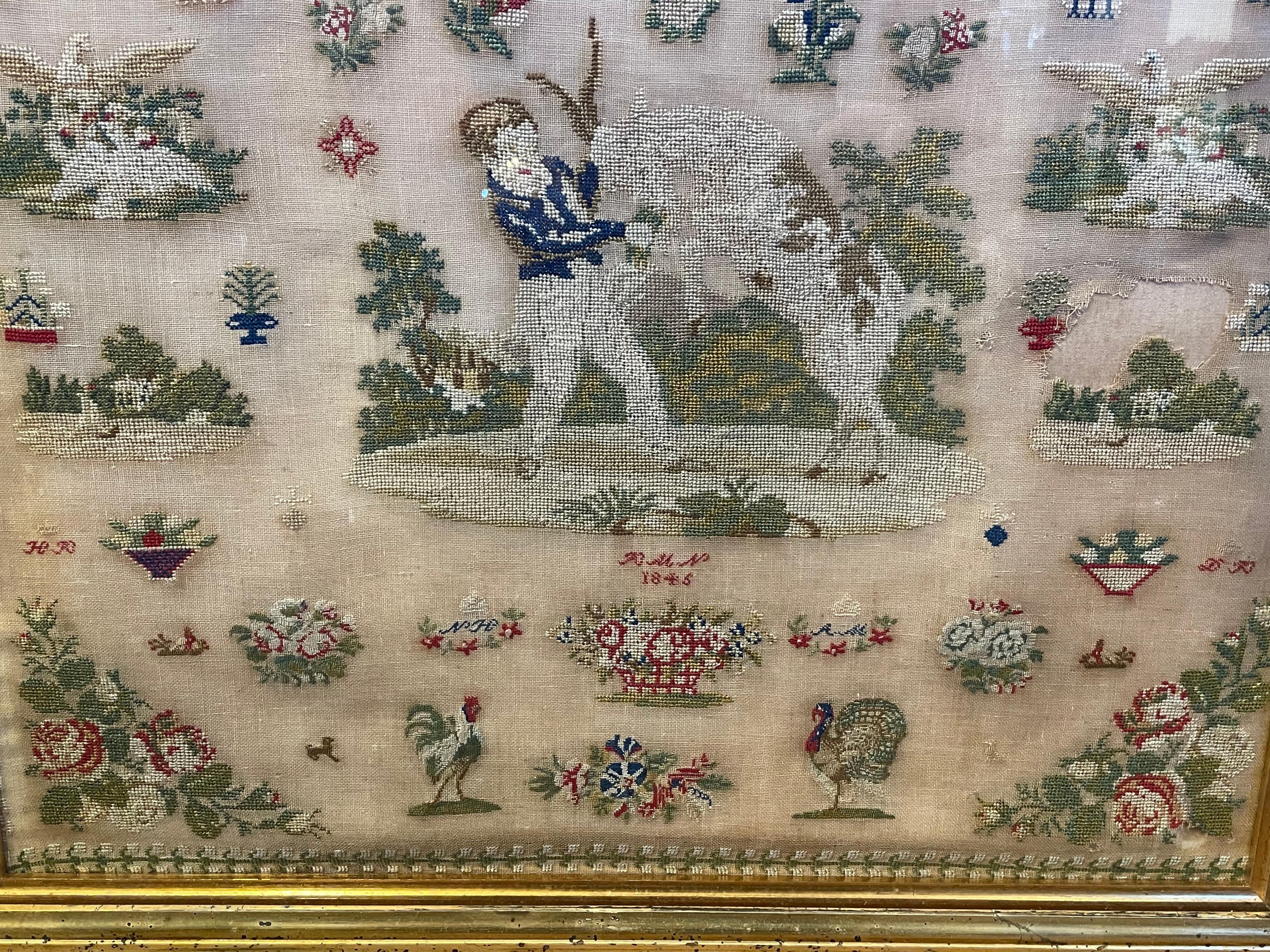 Fabric Framed 19th Century English Petit Point Sampler, circa 1846