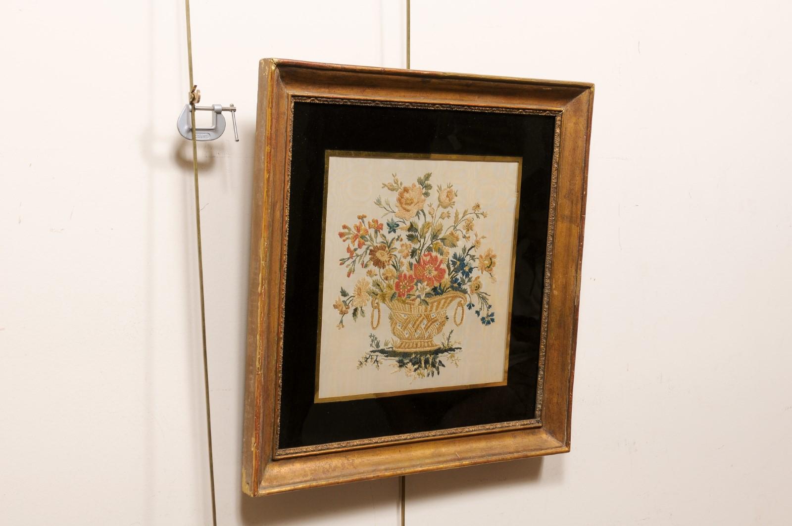 Framed 19th Century English Silk Sampler with Flower Basket 8